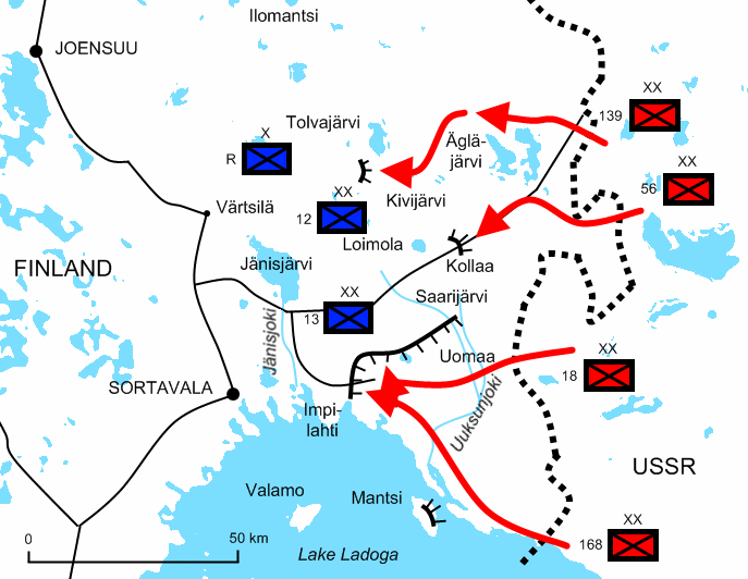 Battles in the Ladoga Karelia, north of Lake Ladoga. The attack of the Eighth Army of Red Army has been stopped at the Finnish defense on 12 December 1939.