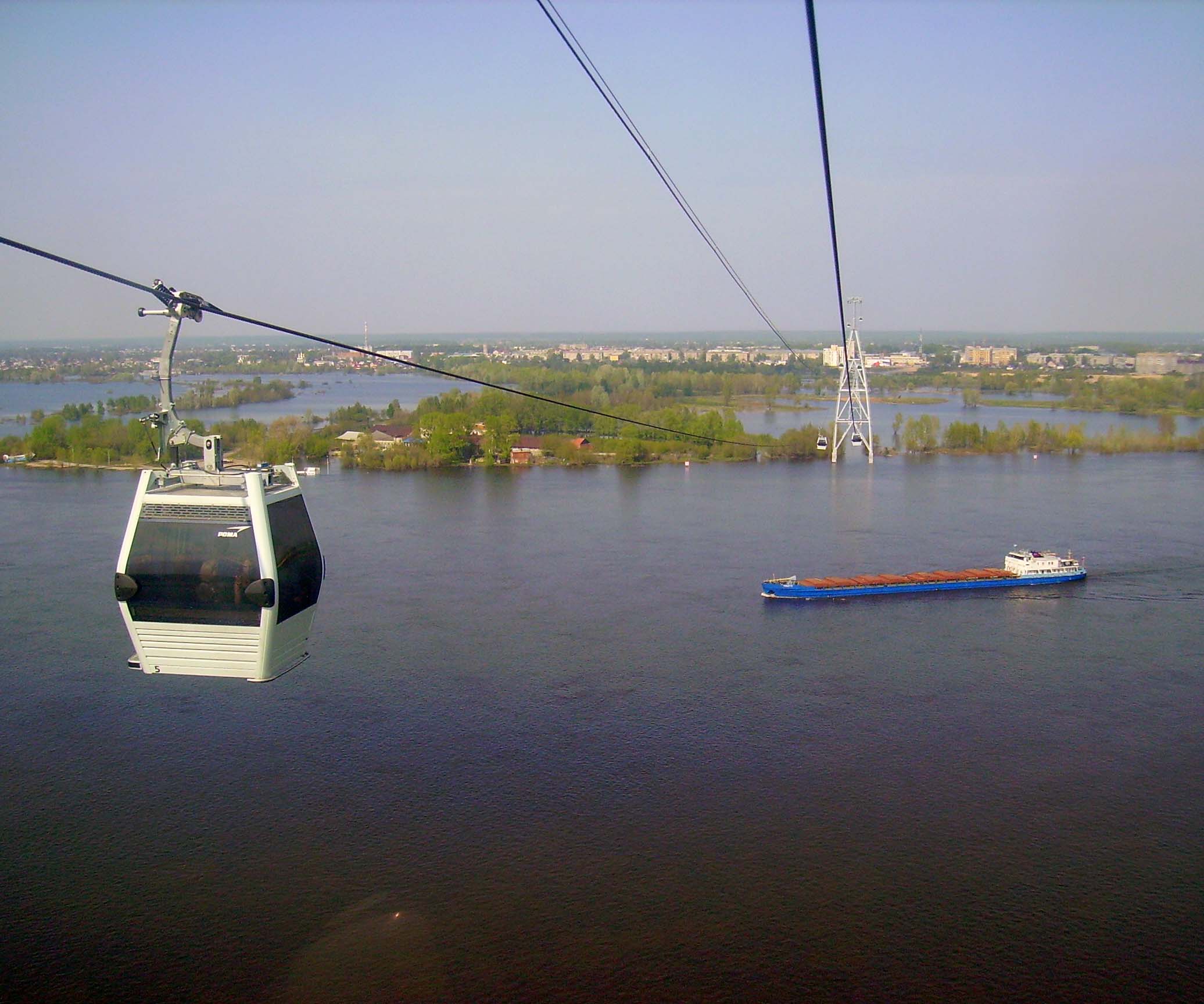 Nizhny Novgorod aerial tramway. Over spring Volga River