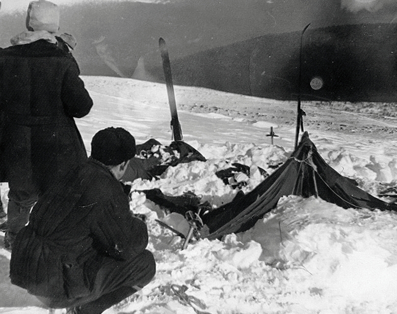 A view of the tent as the rescuers found it on Feb. 26, 1959. The tent had been cut open from inside, and most of the skiers had fled in socks or barefoot. Photo taken by soviet authorities at the camp of the Dyatlov Pass incident and anexed to the legal inquest that investigated the deaths.