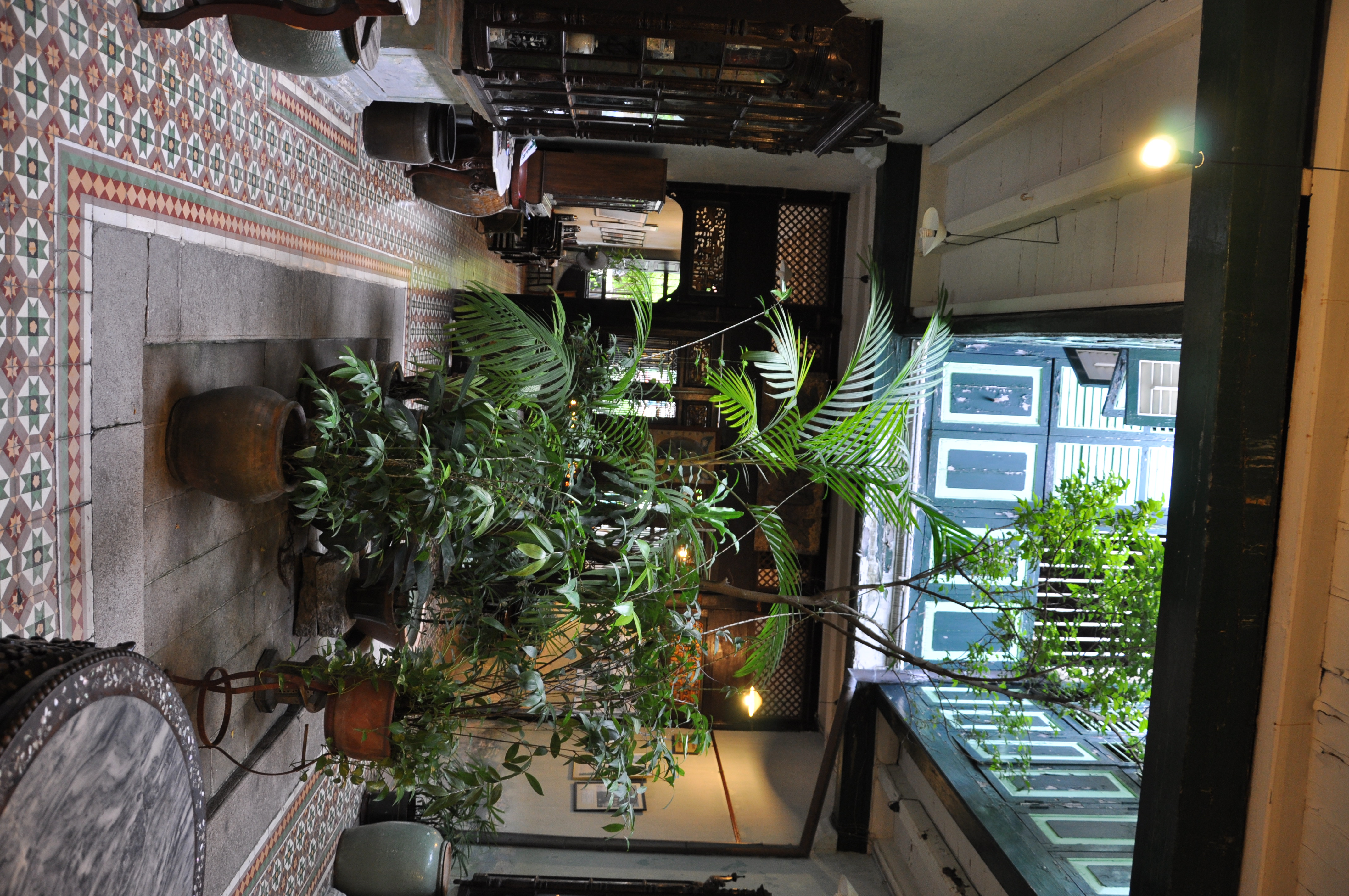 This is the inner courtyard of the Wing Sun company. Besides being the base for Dr. Sun Yat Sen's

revolutionary movement, ths place, located at 120 Armenian Street was also where Malaysia's oldest Chinese newspaper, Kwong Wah Jit Poh, was founded, in 1910. I loved the indoor plants that grow nicely due to the open courtyard. The floor tiles seen here are of a geometrical design popular with the Peranakan, in peach, brown and green shades.(Georgetown, Penang, Malaysia, Nov. 2013)