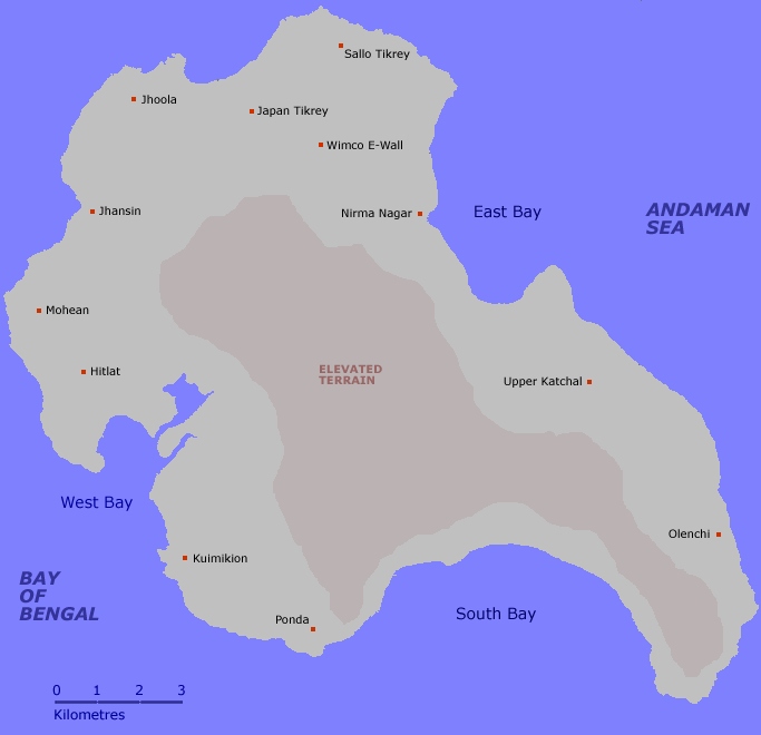 A map of Katchal Island, Nicobar Islands, India.