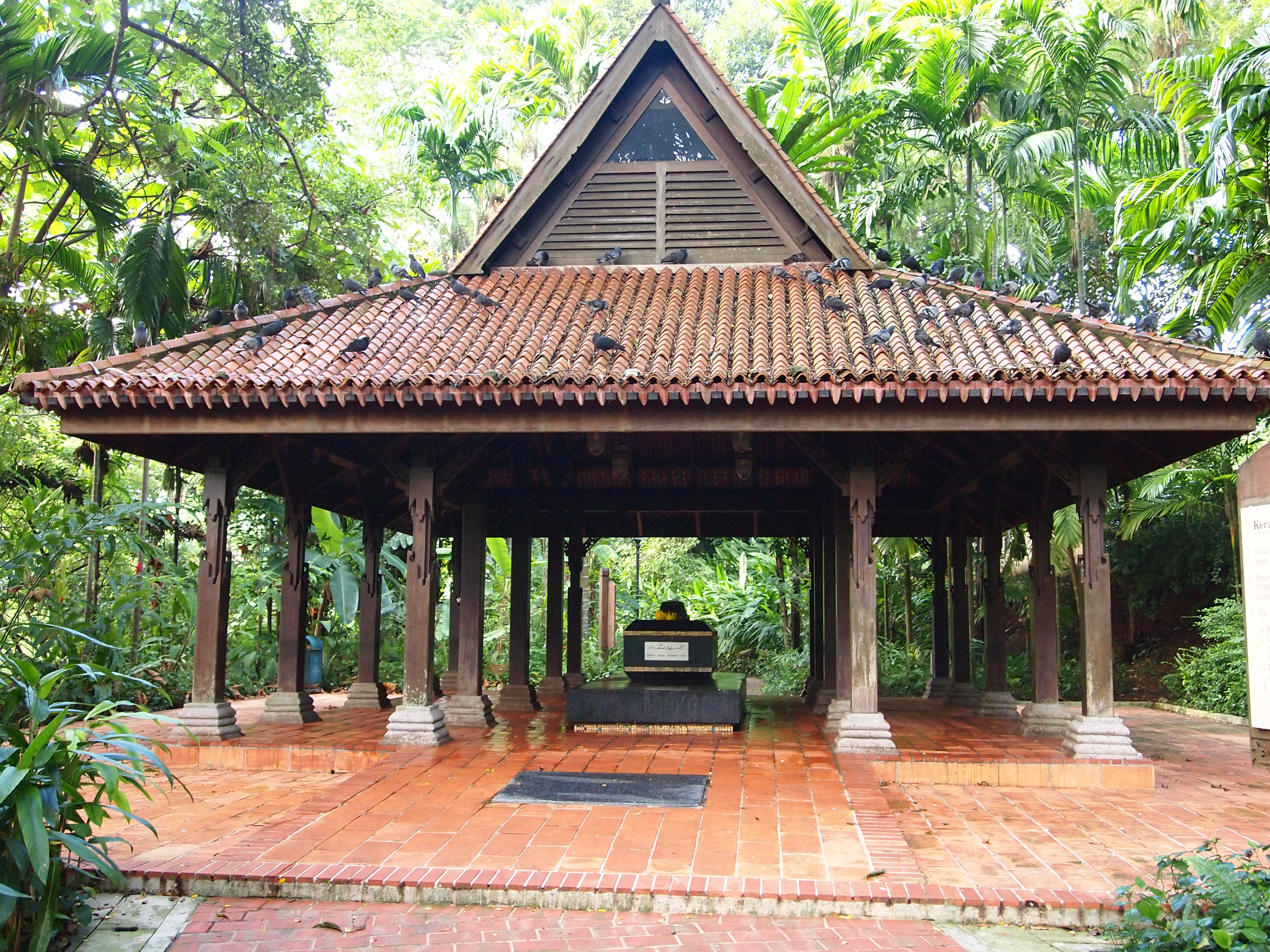 Keramat Iskandar Syah in Fort Canning Park, Singapore. A keramat is a traditional burial ground of a revered Malay leader. Although this keramat is named after Iskandar Syah (or Shah), another name for Parameswara (1344–1414) who was the last king of Singapura, this could not have been his tomb as he died in Malacca. It is thus not known exactly who is buried here.