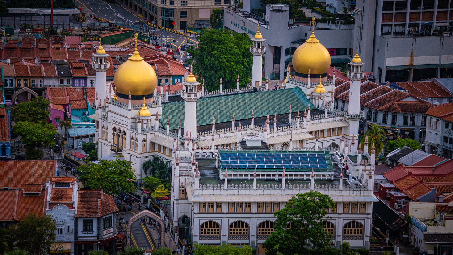 Aerial shot of Masjid Sultan when sun is setting