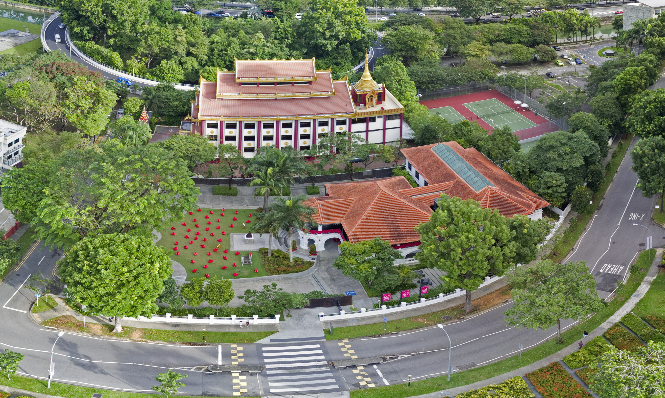 An aerial photograph of the Sun Yat Sen Nanyang Memorial Hall in Singapore.