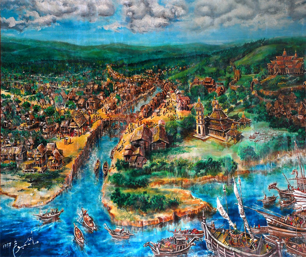 Painting of the Melaka Sultanate during the reign of Sultan Alauddin Riayat Shah (1477–1488). Scanned (photographed) from the Malacca Maritime Museum. The description above the picture reads:
MELAKA DURING THE REIGN OF SULTAN ALAUDDIN RIAYAT SYAH (1477–88)

During the reign of this just and pious Islamic King, Melaka enjoyed peace and prosperity resulting from night patrols and harsh punishments against thieves who terrorized the town. Ships of all nations, Arab, Persian, Indian, Champa, Japanese and of course from the Malay Archipelago assembled at the crowded port of Malacca to trade various merchandise.