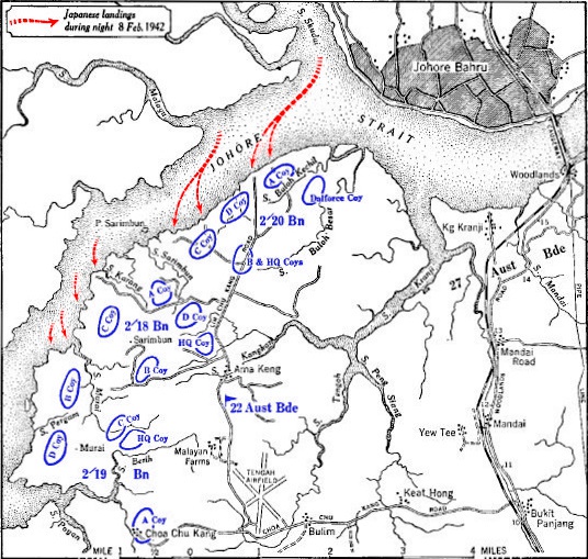 "Dispositions, 22nd Brigade, 10 p.m. 8th February" – the positions of Australian forces around Sarimbun, Singapore, 8 February 1942. The arrows indicate attacks by Japanese forces.