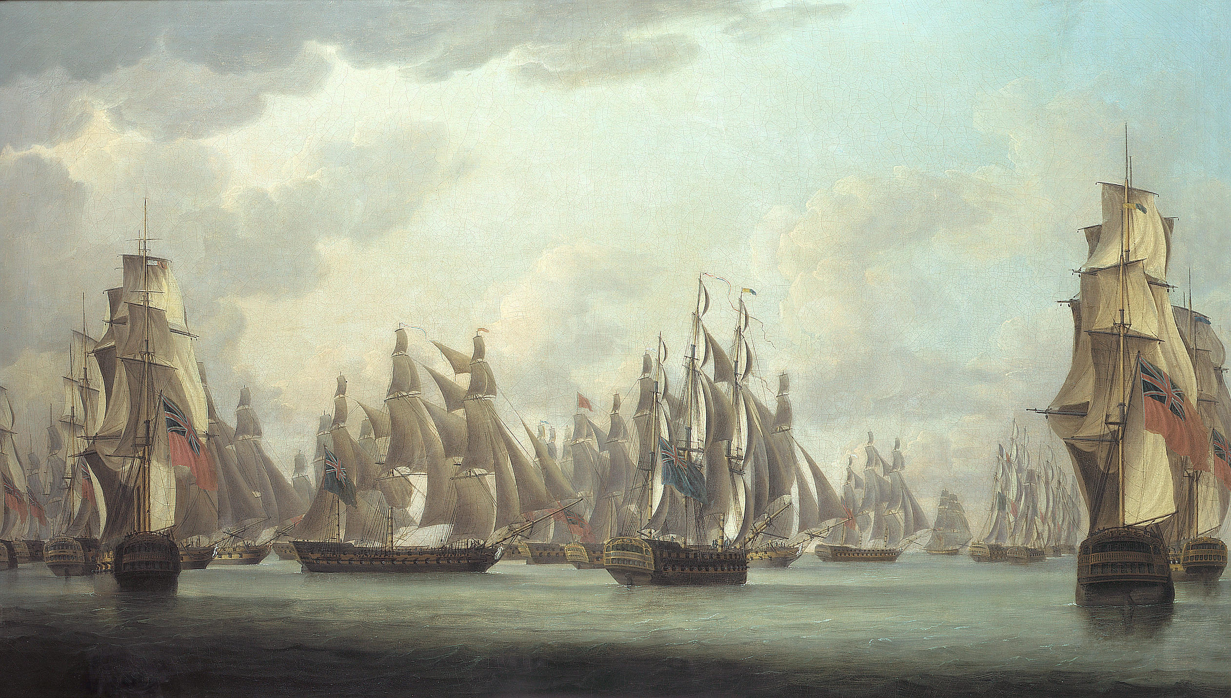 The retreat of Rear Admiral Linois's Squadron consisting of the 'Marengo' of 84 guns, the 'Belle Poule' and 'Semillante' of 44 guns each, a corvette of 28 guns and a Batavian brig of 18 guns from a fleet of 16 of the East India Company ships after the action off Pulo Aor in the China Seas on the 15th. February 1804