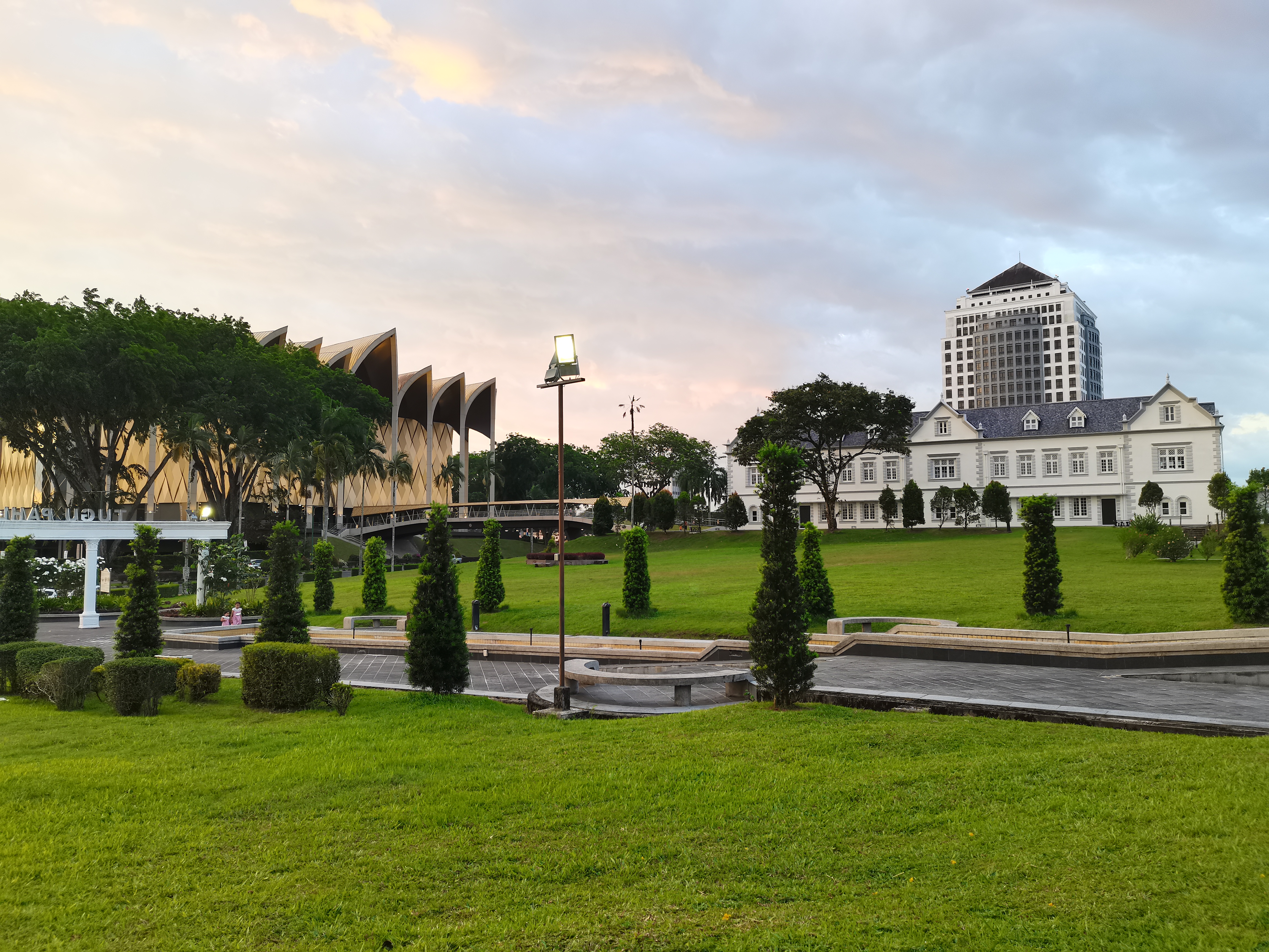 View of Borneo Cultures Museum and Sarawak State Museum from Tugu Pahlawan. There is a bridge connecting the two museums.