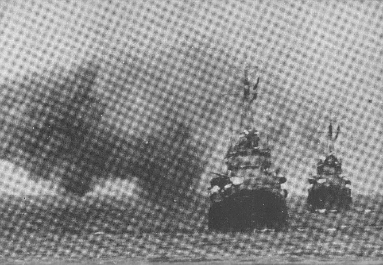 Imperial Japanese Navy destroyers Shigure and Samidare operating off the coast of Bougainville in the Solomon Islands hours prior to the Naval Battle of Vella Lavella on 6 October 1943.