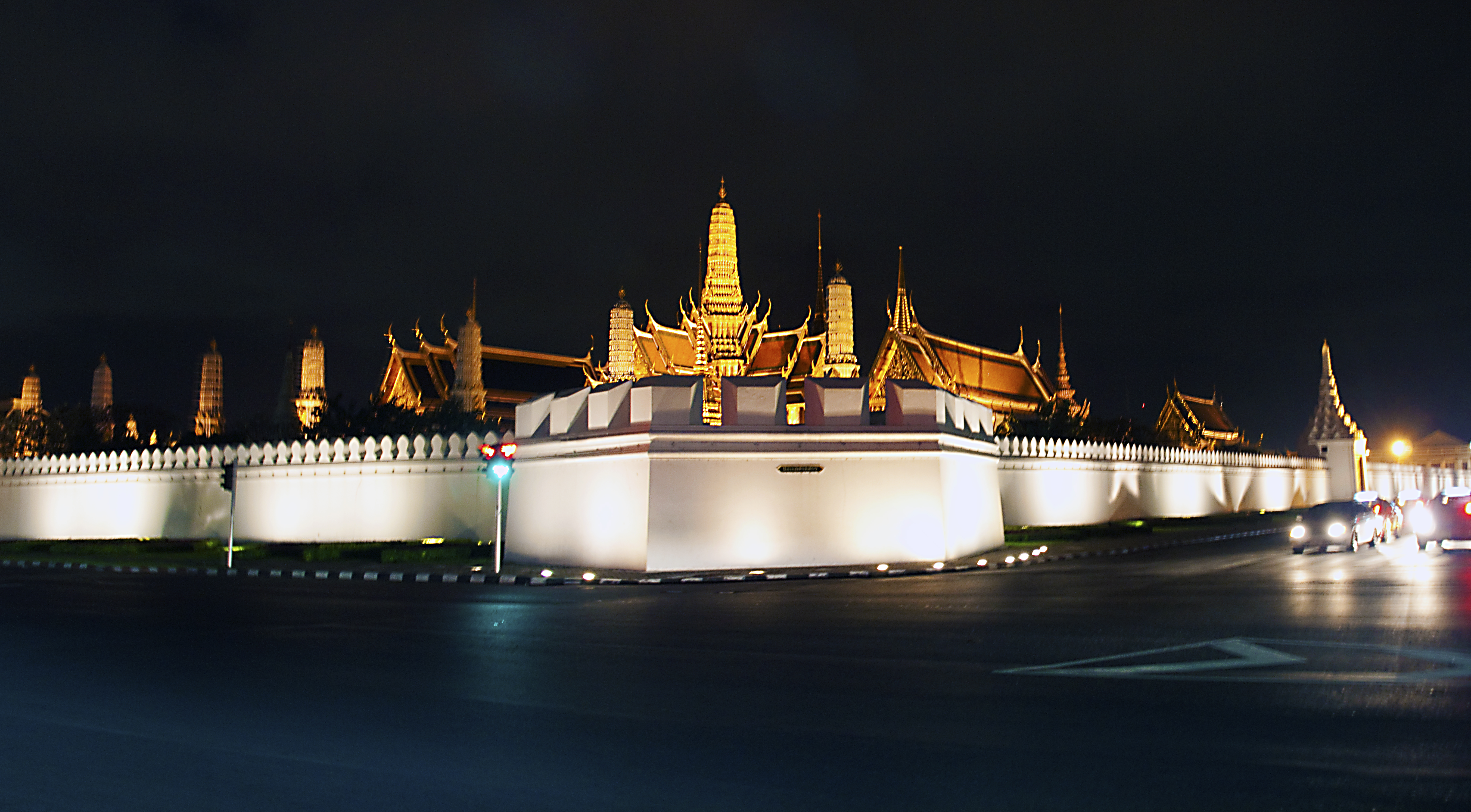 A panorama night view of The Grand Palace in Bangkok, Thailand.