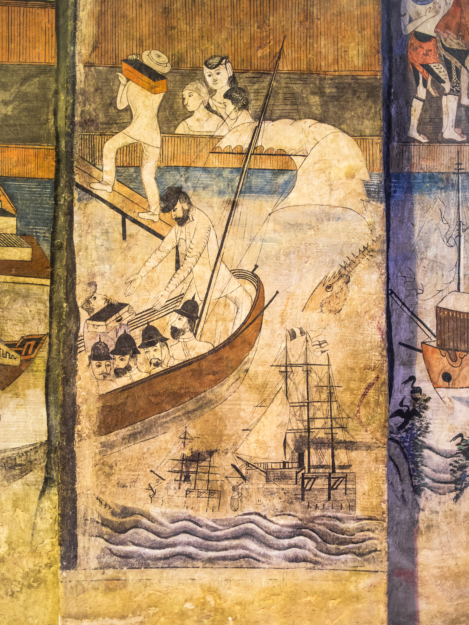 Murals of Wat Phumin. The steamship at the bottom depicts the Paknam incident of 1893, a conflict between France and Siam when French war ships sailed upriver to Bangkok.