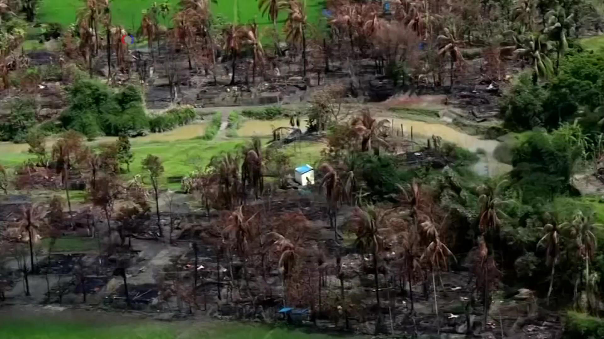 Aerial view of a burned Rohingya village in Rakhine state, Myanmar - September 2017