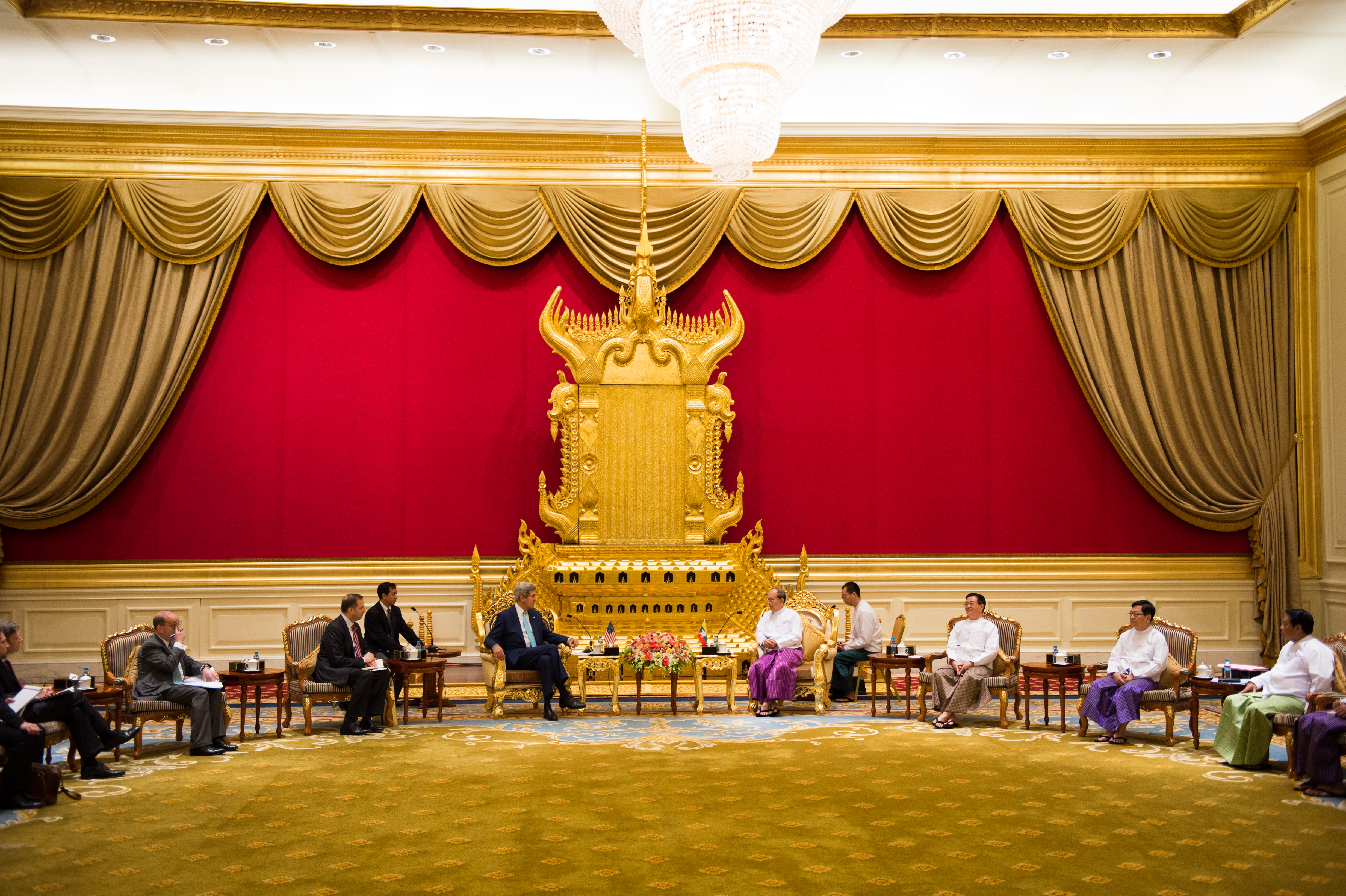 Naypyitaw, Burma (August 9, 2014) U.S. Secretary of State John Kerry greets Burma's President Thein Sein before their meeting at the Presidential Palace. [State Department photo by William Ng/Public Domain]
