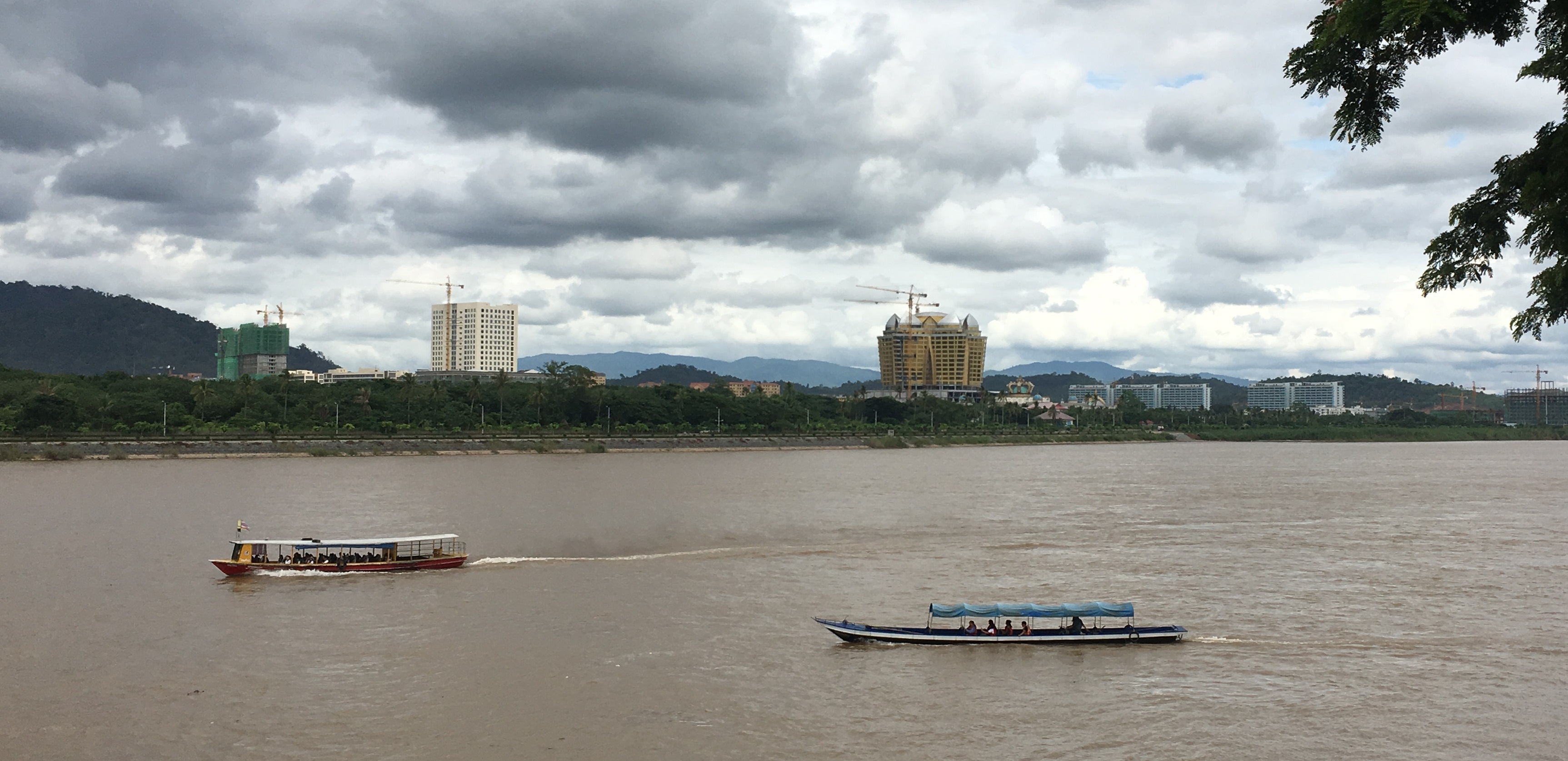 View of the Golden Triangle Special Economic Zone in Bokeo Province, Laos, seen from across the Mekong River from Sop Ruak, Thailand.