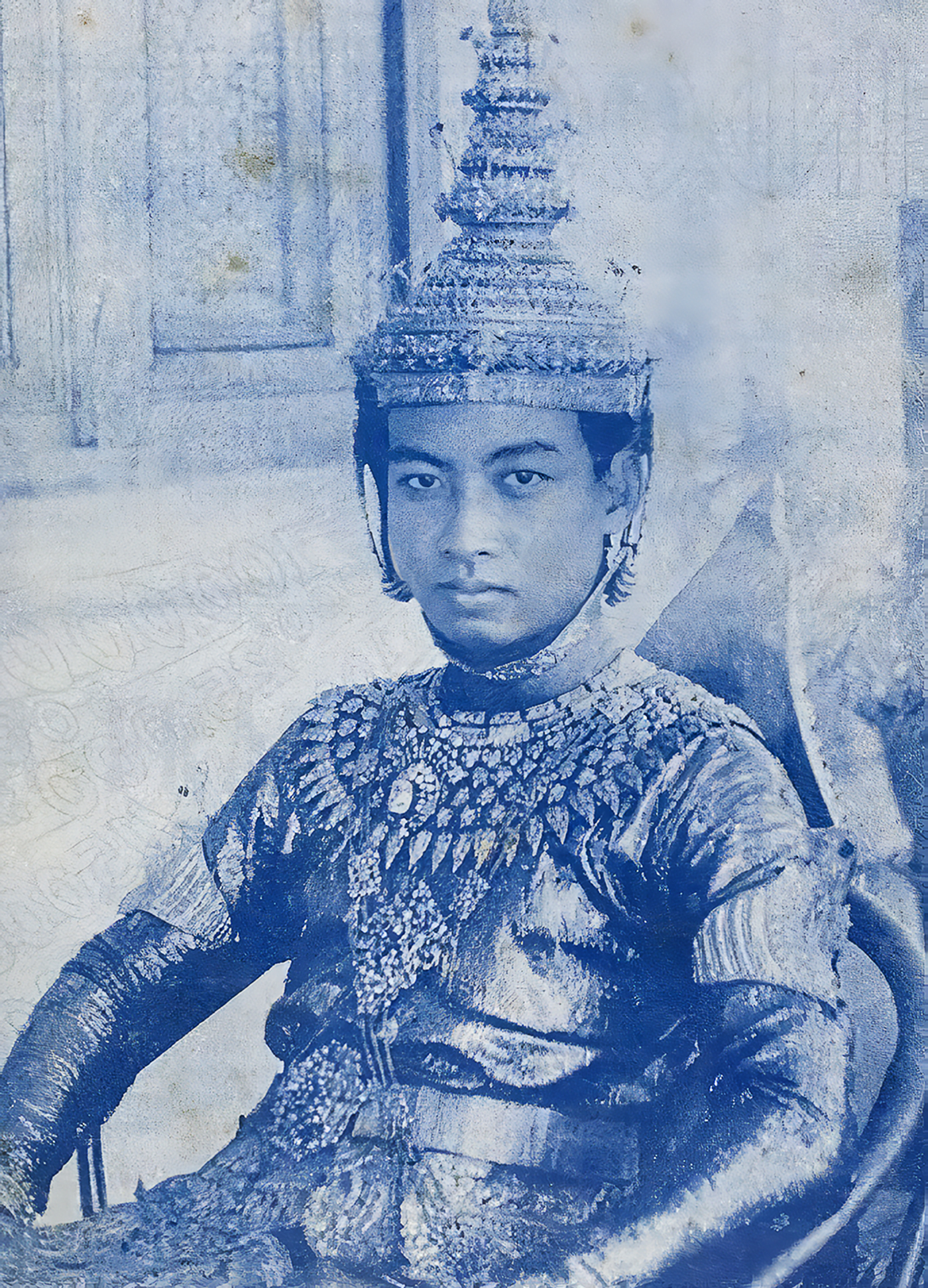 King Norodom Sihanouk in coronation regalia of Cambodia, November 1941.