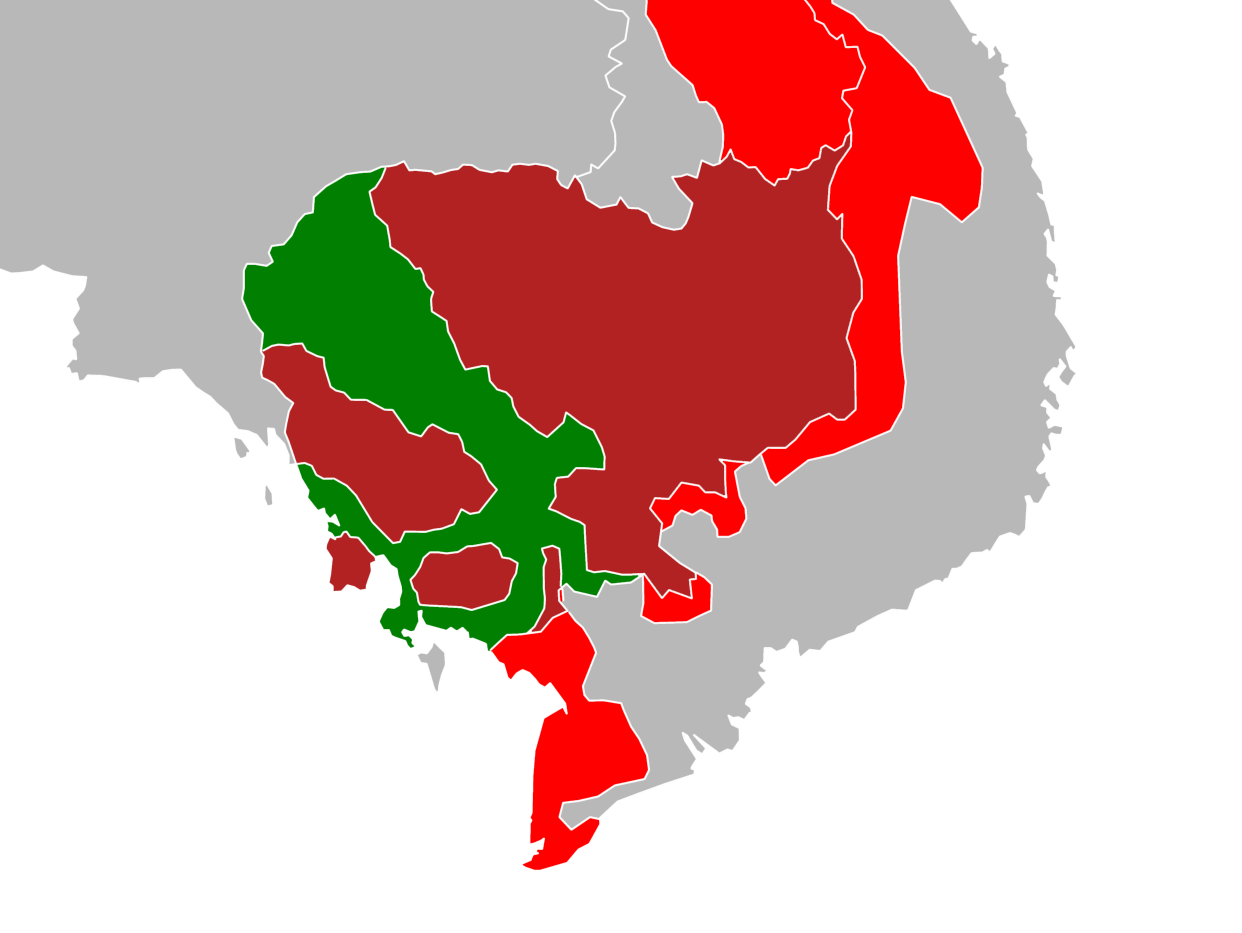 Cambodian Civil War in 1970-1973. Dark red: CPK-Khmer Rouge, Green: Khmer Republic-FANK