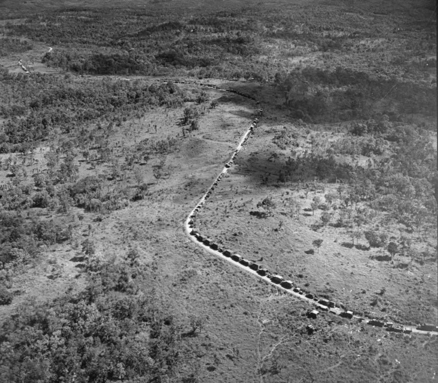Aerial view of the ambushed GM100 French column at An Khe, the day after.