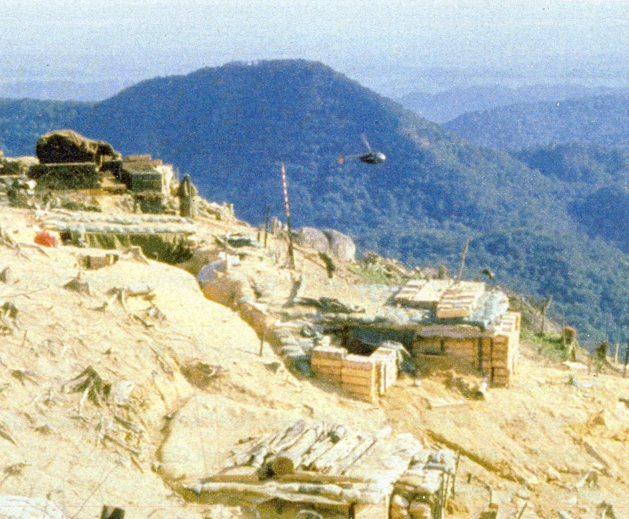 A view of Fire Support Base Ripcord, situated atop a high mountain overlooking the A Shau Valley.  It was designed to provide support for a new allied thrust, but was besieged for nearly a month in July 1970.