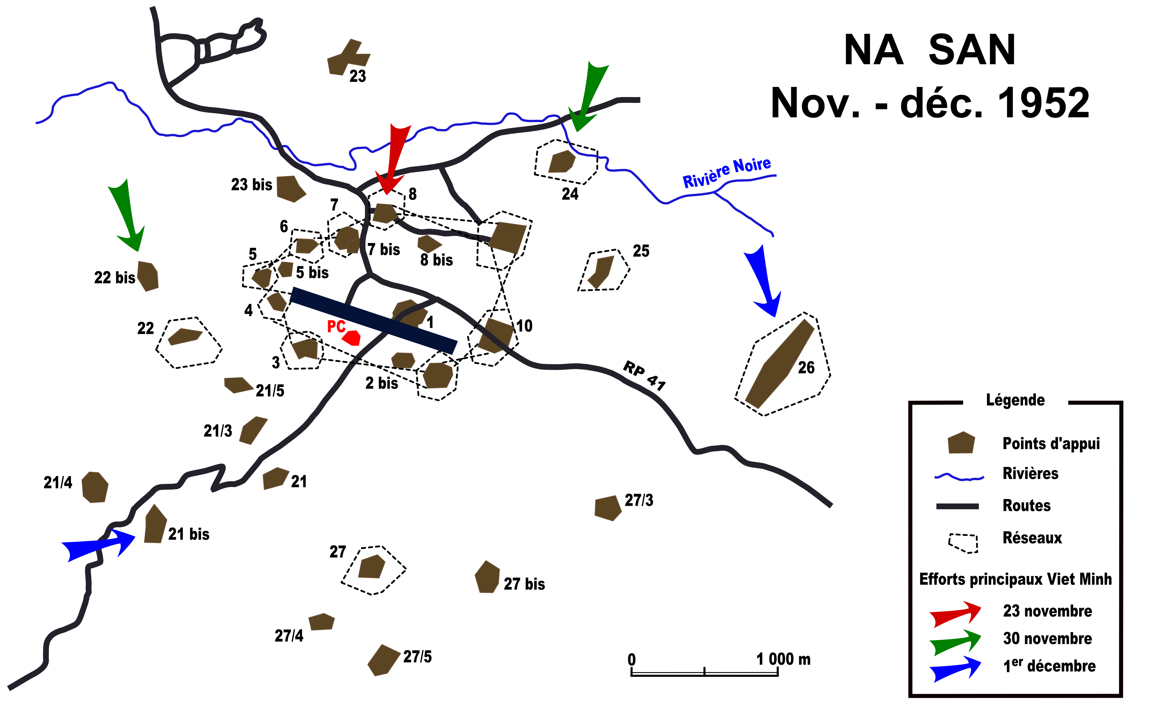Plan du camp retranché de Na San durant la guerre d'Indochine (nov déc 1952) - d'après le schéma reproduit dans le livre Mémoires, Fin d'un empire du général Salan page 352 et le plan dans l'ouvrage La Légion en Indochine d'Alain Gandy, page 102.
