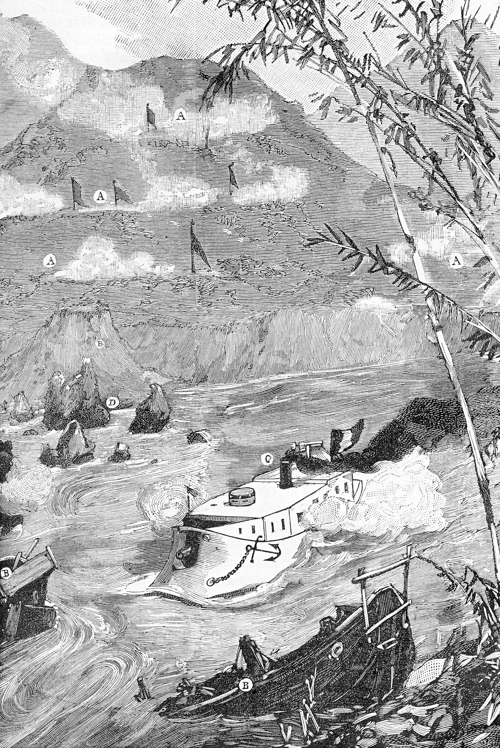 The French gunboat Revolver runs the gauntlet of the Chinese defences at Yu Oc on the Clear River, October 1884