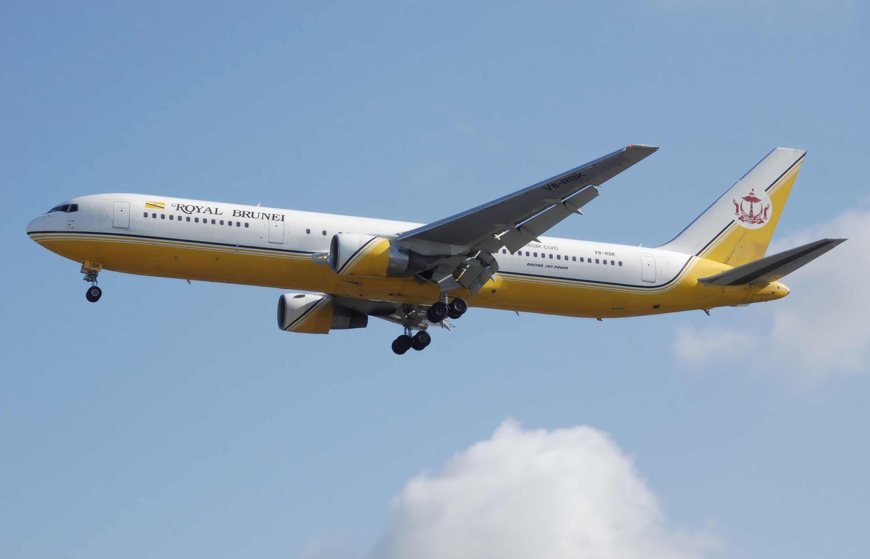 Royal Brunei Boeing 767-300ER (V8-RBK) lands at London Heathrow Airport.