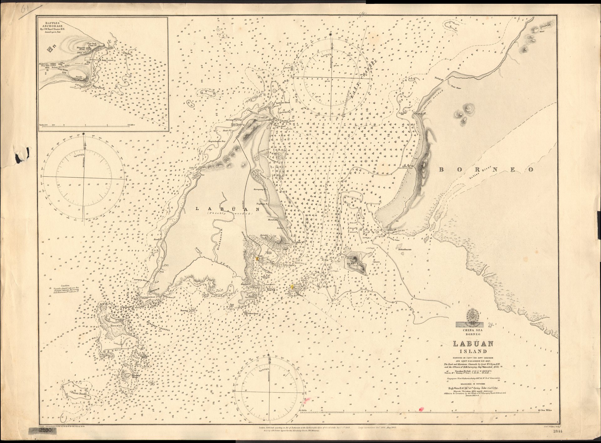 Nautical chart of Labuan Island. Surveyed by Capt. Edward Belcher and Lieut. D.M. Gordon, 1847; The East and Kuraman Channels by Lieut. W.O. Lyne and the officers of H.M. Surveying Ship Waterwitch, 1901. Not current - not to be used for navigation!