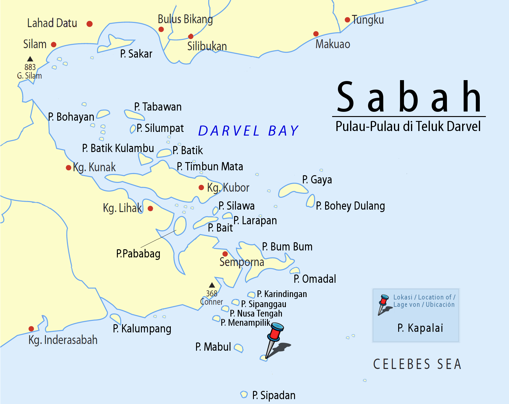 Sabah: Scheme of Islands in the Darvel Bay with Pushpin Marker for Pulau Kapalai (which is not part of the Darvel Bay)