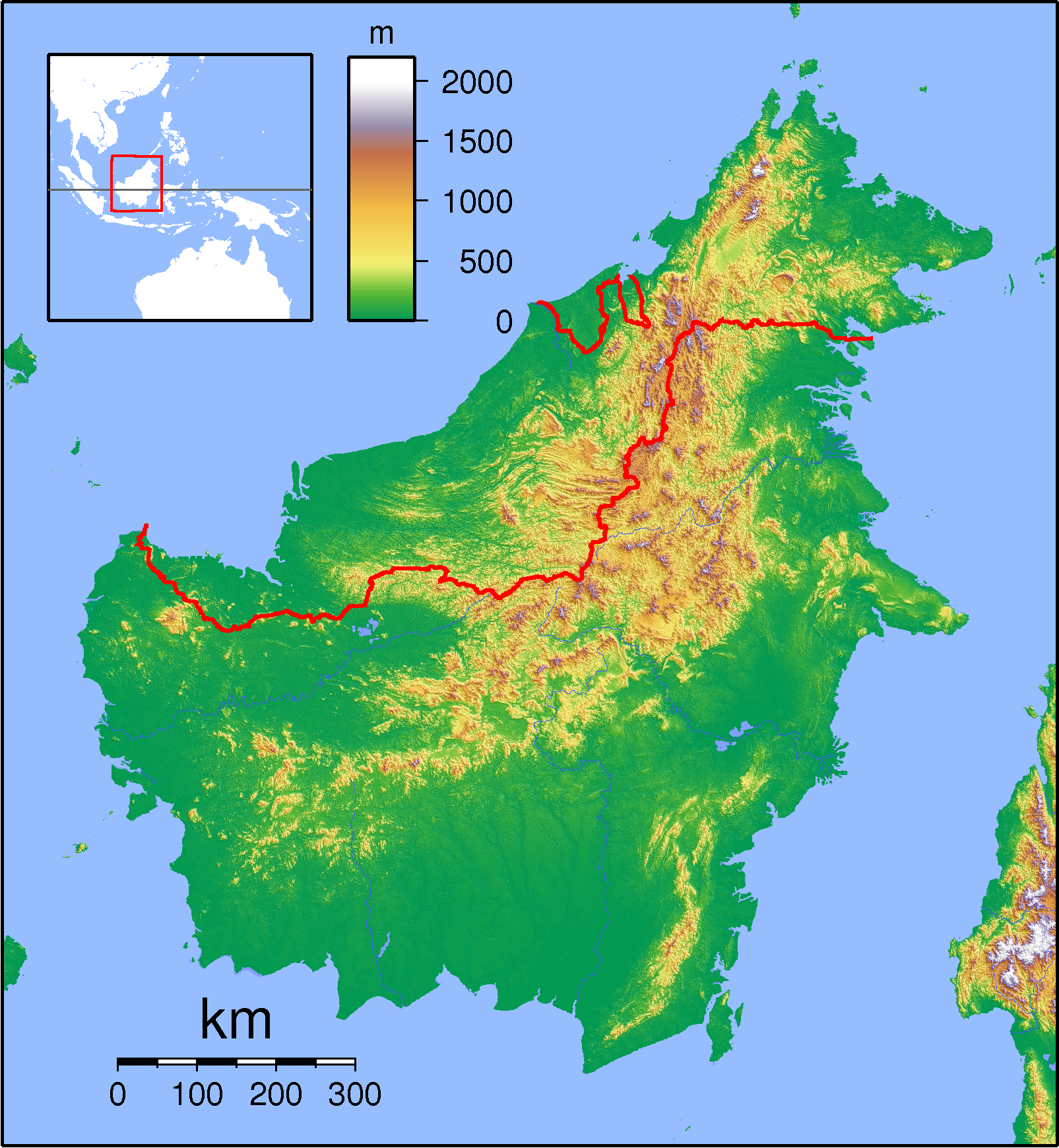 Topographic locator map of Borneo. Created with GMT from public domain SRTM data. For non-locator version, see Image:Borneo Topography.png. Left:108 Bottom:-5 Right:120 Top:8