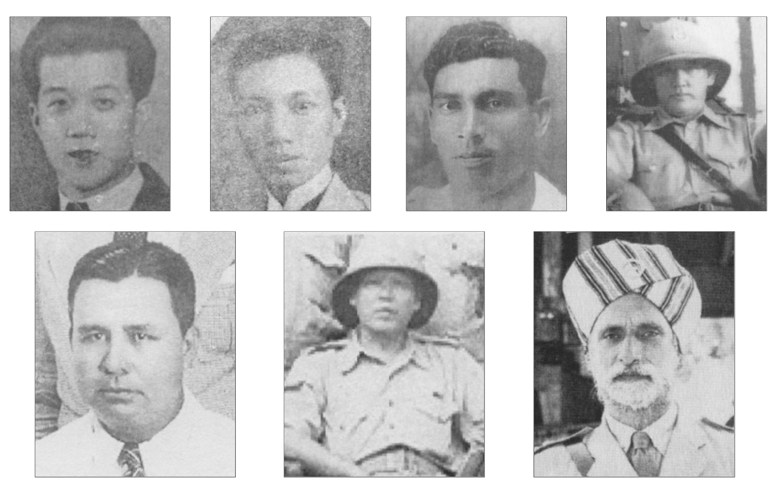 Some of the Jesselton revolt contributors/leaders aside from Albert Kwok. From left: (Top Row):Kong Sze Phui, Lim Keng Fatt, Imam Marajukim, and Charles Peter.(2nd Row): Jules Stephens, Li Tet Phui and Subedar Dewa Singh.