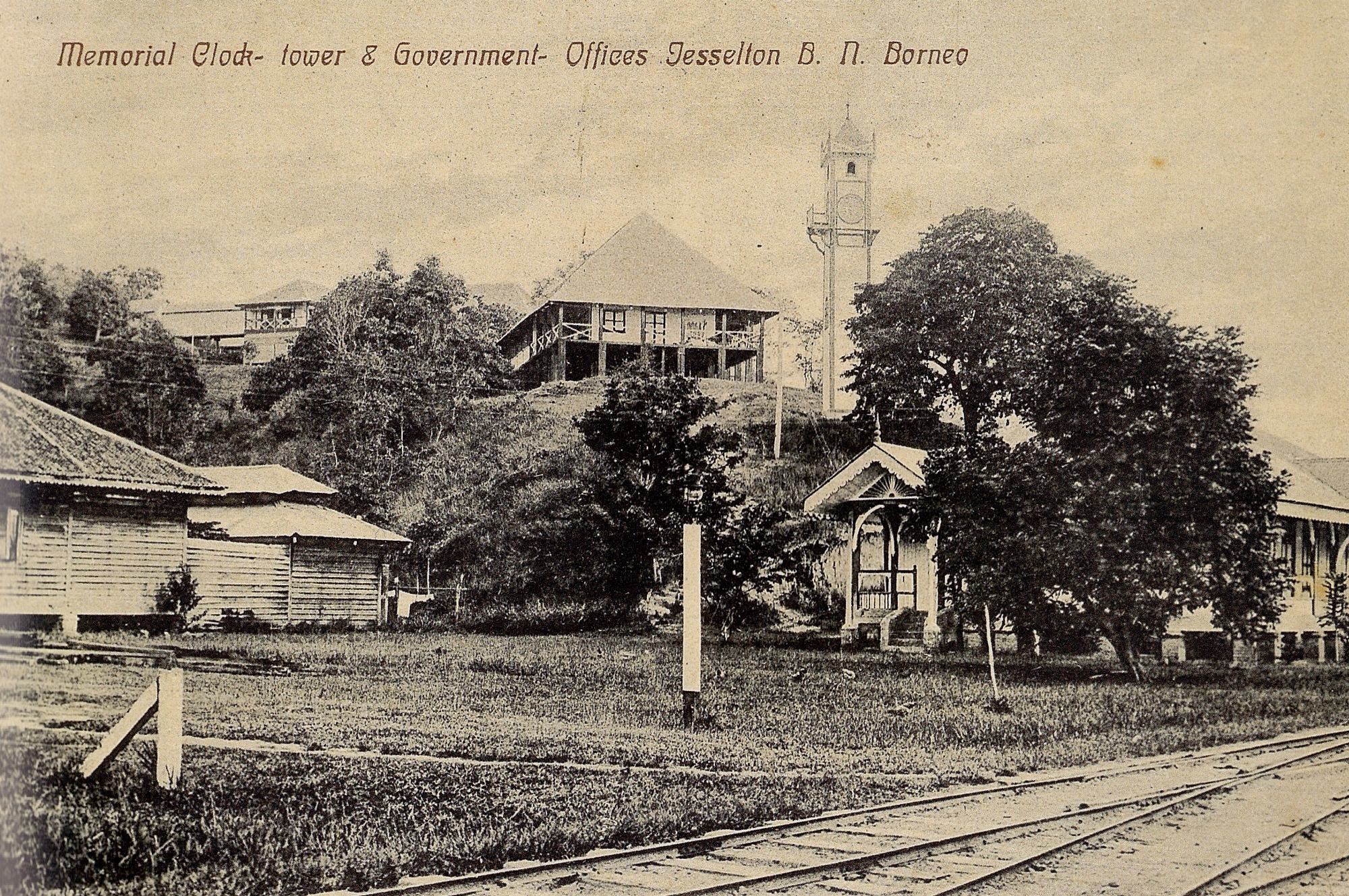 Jesselton, British North Borneo, Atkinson Clock Tower and Government Offices, c. 1910.