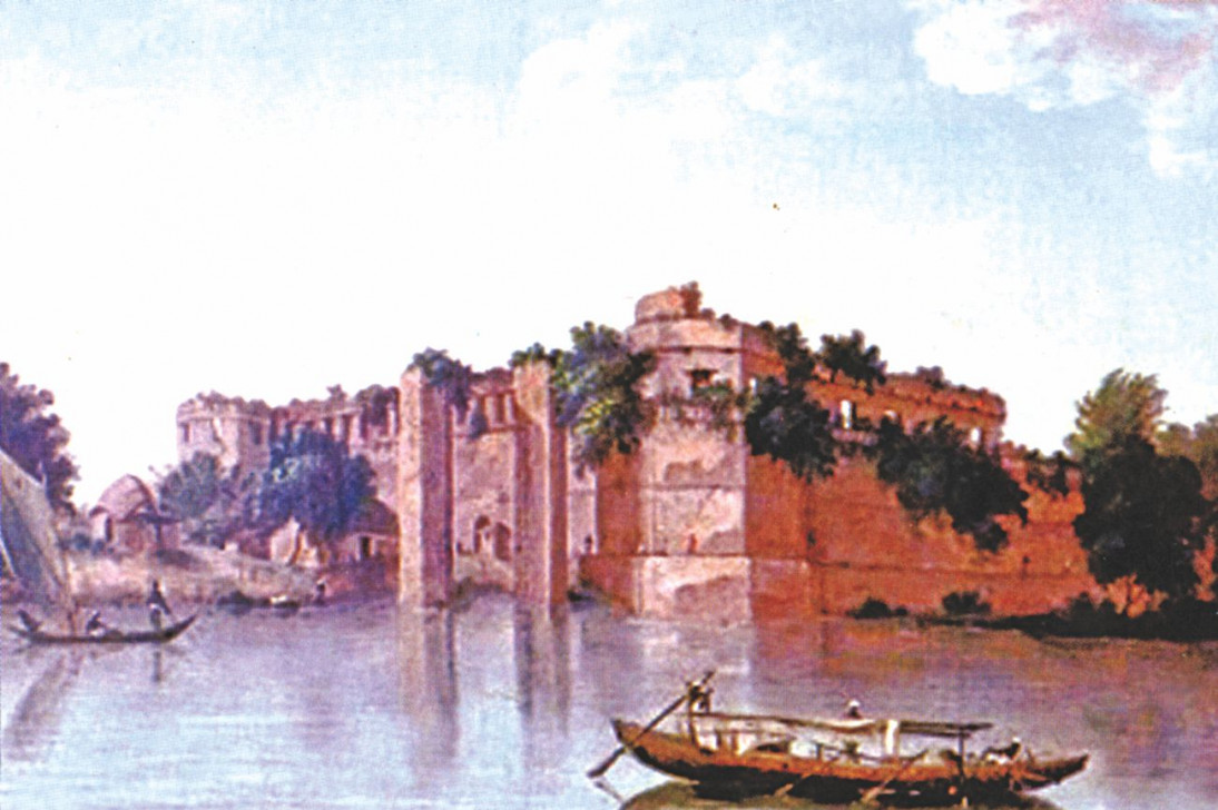 Drew by Robert Home, on his visit to Dhaka in 1799. The initial drawings were executed from a boat or barge moored at a vantage point in midstream of the Buriganga River and, later on, painted in oils. The painting shows the river either at high tide or during the monsoon floods. This painting also shows the growth of invasive wild vegetation at various points of the fort.