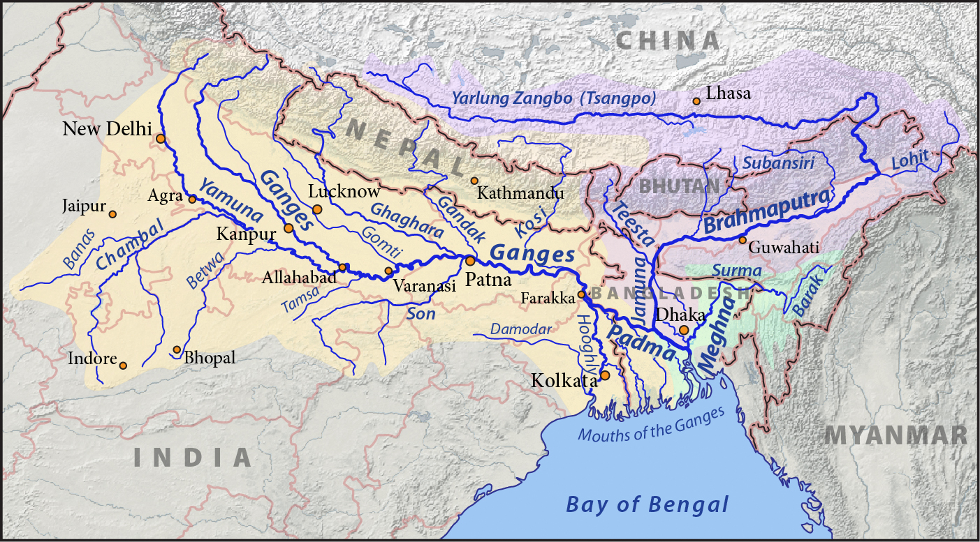 This is a map of the Ganges (yellow), Brahmaputra (violet), and Meghna (green) drainage basins. Created with ArcExplorer and Adobe Illustrator, based on Natural Earth data.