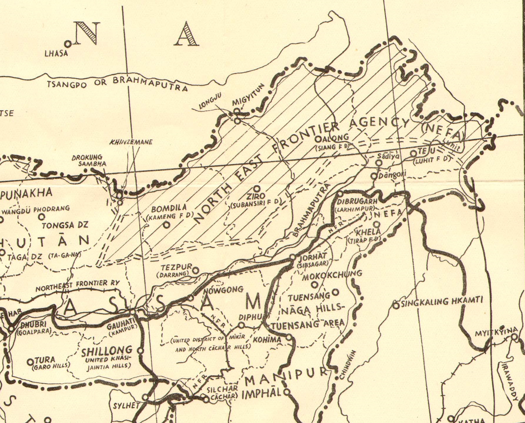 The w:North-East Frontier Agency of India, showing the border with China along the w:McMahon Line. Also highlighted are the locations of disagreement: w:Khinzemane and w:Longju