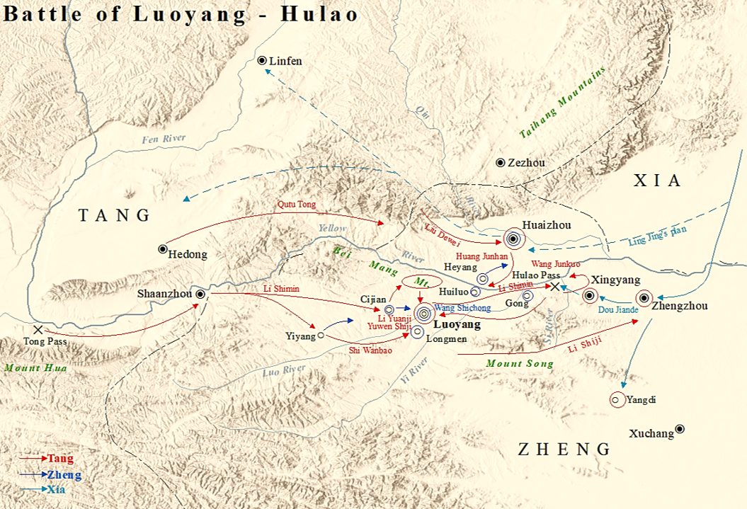 Battle of Luoyang-Hulao in 621 AD during which Tang dynasty defeated two of its rivals, Wang Shichong and Dou Jiande, during its unification of China Proper.
