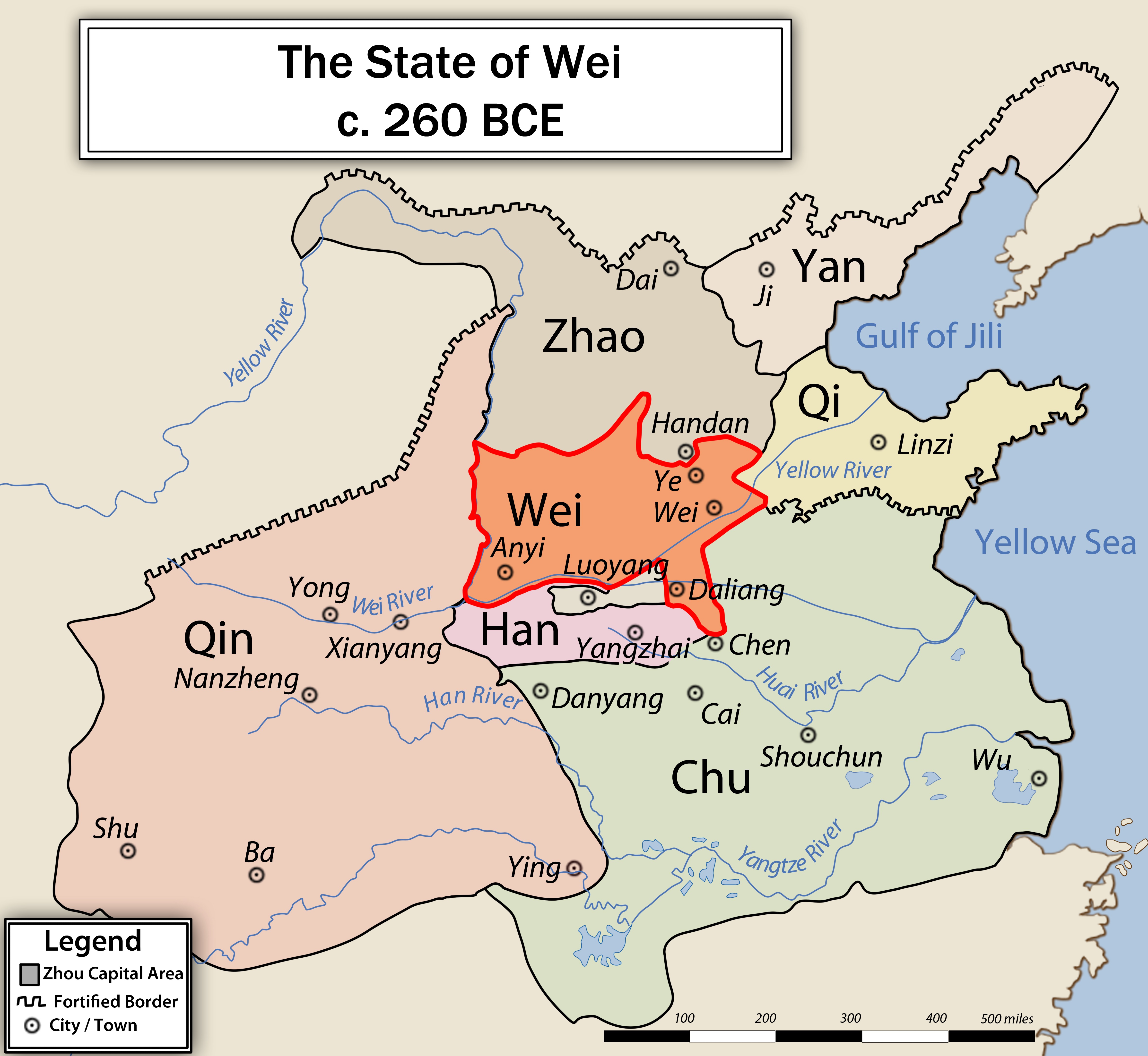 Map of China proper in with the state of Wei highlighted, 260 BCE