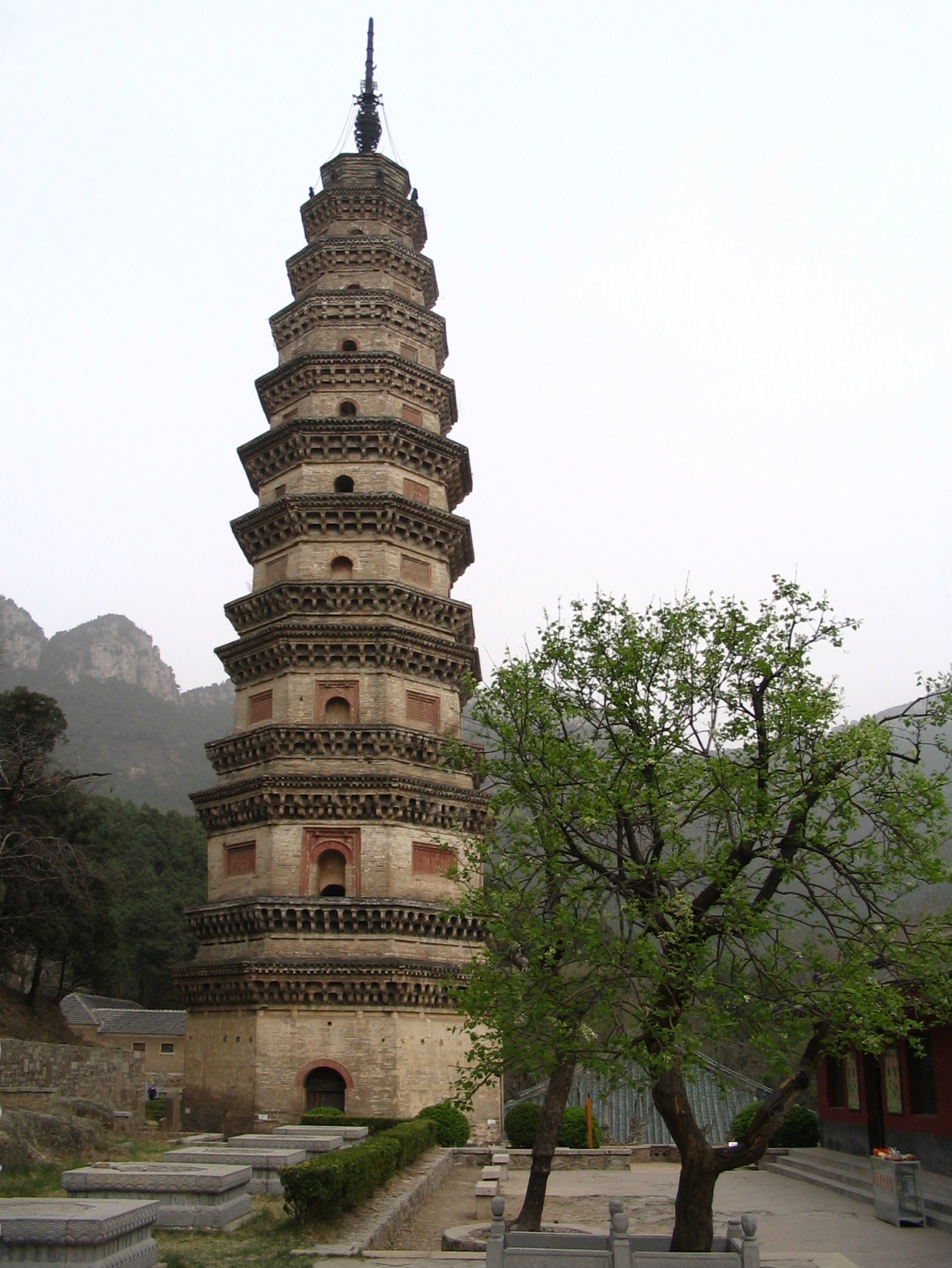 Pizhi Pagoda at Lingyan Temple, Shandong, China. Built by 1063 during the Song Dynasty, this nine-story, octagonal brick pagoda is 54 m (177 ft) in height.