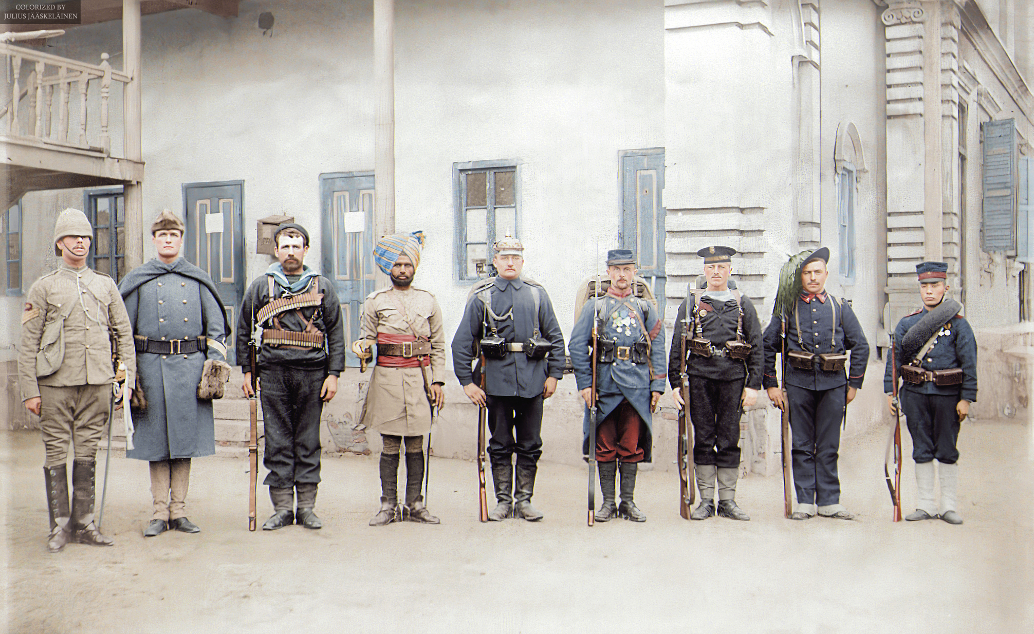 Troops of the Eight-Nation Alliance, 1900, by by Captain C.F. O’Keefe; Colorized by Julius Jääskeläinen. Note: The Boxer Rebellion (拳亂), Boxer Uprising, or Yihetuan Movement (義和團運動) was an anti-imperialist, anti-foreign, and anti-Christian uprising in China between 1899 and 1901, toward the end of the Qing dynasty. It was initiated by the Militia United in Righteousness (Yìhéquán), known in English as the Boxers because many of their members had practiced Chinese martial arts, also referred to in the west as Chinese Boxing. Villagers in North China had been building resentment against Christian missionaries who ignored tax obligations and abused their extraterritorial rights to protect their congregants against lawsuits. The immediate background of the uprising included severe drought and disruption by the growth of foreign spheres of influence after the Sino-Japanese War of 1895. After several months of growing violence and murder in Shandong and the North China Plain against foreign and Christian presence in June 1900, Boxer fighters, convinced they were invulnerable to foreign weapons, converged on Beijing with the slogan Support the Qing government and exterminate the foreigners. Foreigners and Chinese Christians sought refuge in the Legation Quarter. In response to reports of an invasion by Eight Nation Alliance of American, Austro-Hungarian, British, French, German, Italian, Japanese, and Russian troops to lift the siege, the initially hesitant Empress Dowager Cixi supported the Boxers and on June 21 issued an Imperial Decree declaring war on the foreign powers. Diplomats, foreign civilians, and soldiers as well as Chinese Christians in the Legation Quarter were besieged for 55 days by the Imperial Army of China and the Boxers. Chinese officialdom was split between those supporting the Boxers and those favoring conciliation, led by Prince Qing. The supreme commander of the Chinese forces, the Manchu General Ronglu (Junglu), later claimed he acted to protect the foreigners. Officials in the Mutual Protection of Southeast China ignored the imperial order to fight against foreigners. The Eight-Nation Alliance, after being initially turned back, brought 20,000 armed troops to China, defeated the Imperial Army, and arrived at Peking on August 14, relieving the siege of the Legations. Uncontrolled plunder of the capital and the surrounding countryside ensued, along with summary execution of those suspected of being Boxers. The Boxer Protocol of 7 September 1901 provided for the execution of government officials who had supported the Boxers, provisions for foreign troops to be stationed in Beijing, and 450 million taels of silver—approximately $10 billion at 2018 silver prices and more than the government's annual tax revenue—to be paid as indemnity over the course of the next 39 years to the eight nations involved.
