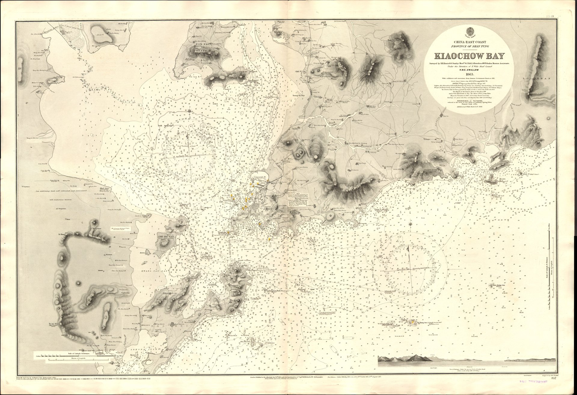 Nautical chart of Kiaochow (Jiaozhou) Bay. Surveyed by H.R. Harris &amp; G. Stanley, Masters &amp; J. Hall, A. Hamilton &amp; W.N. Goalen, Masters Assistants, under the direction of E.Wilds, Master Commanding, HMS Swallow, 1863. Not current - not to be used for navigation!