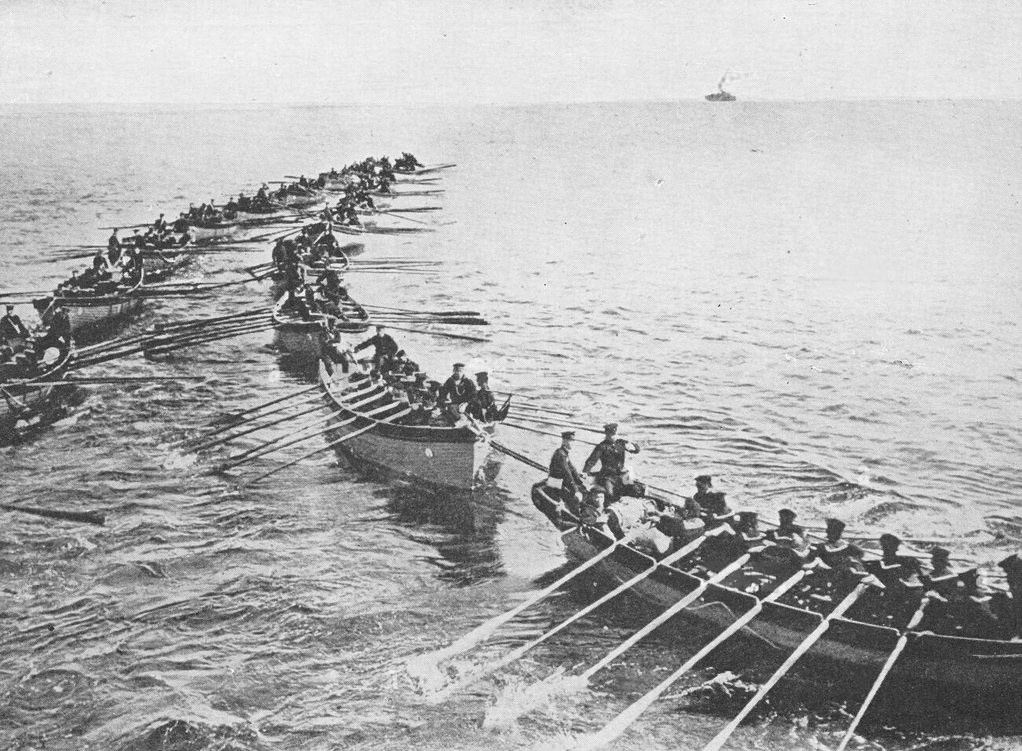 Imperial Japanese Sailors Coming Ashore at the Siege of Tsingtao 1914 during World War 1. The siege was waged by the Empire of Japan and the United Kingdom against the German Empire between 27 August and 7 November 1914. The Allied forces seized control of Germany's Kiautschou Bay concession.
