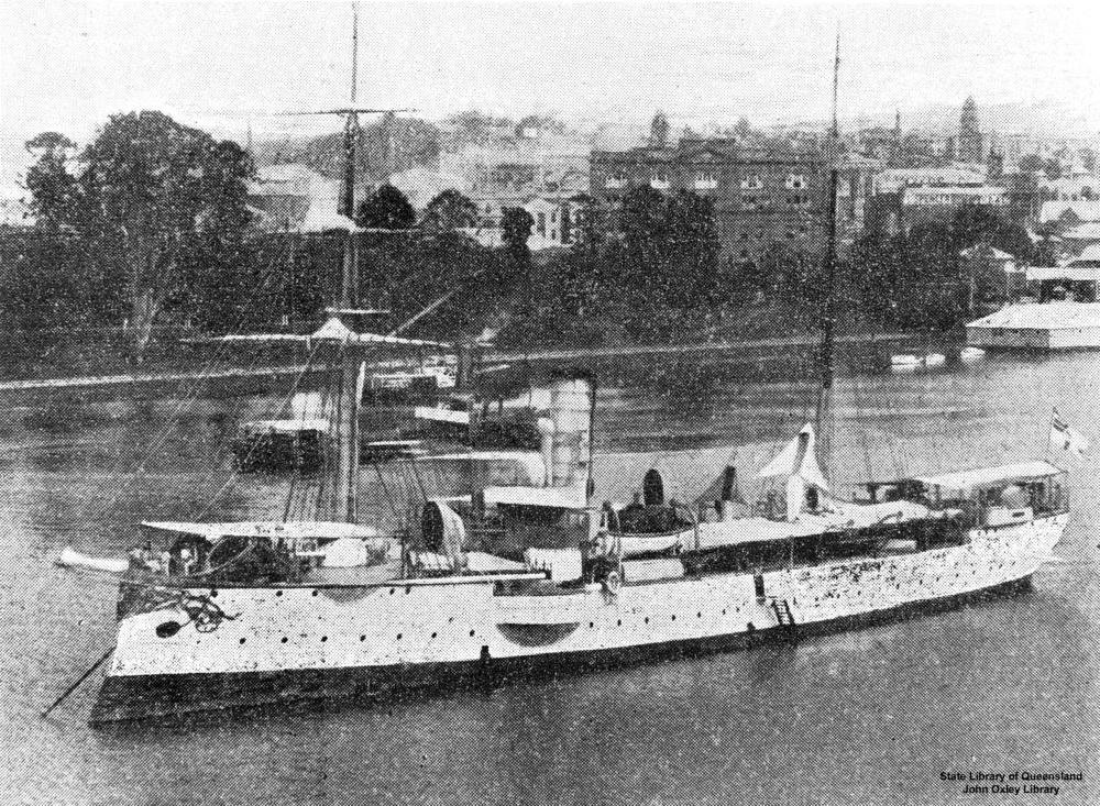 Cormoran (ship) moored opposite the Botanic Gardens in Brisbane. The building on the river to the extreme right of the image is a floating swimming bath, designed to protect bathers from sharks. (Description supplied with photograph).
Cormoran was a small German cruiser built in 1893. She was commissioned for Colonial service and based in China from 1908 until 1914 when she was sunk.