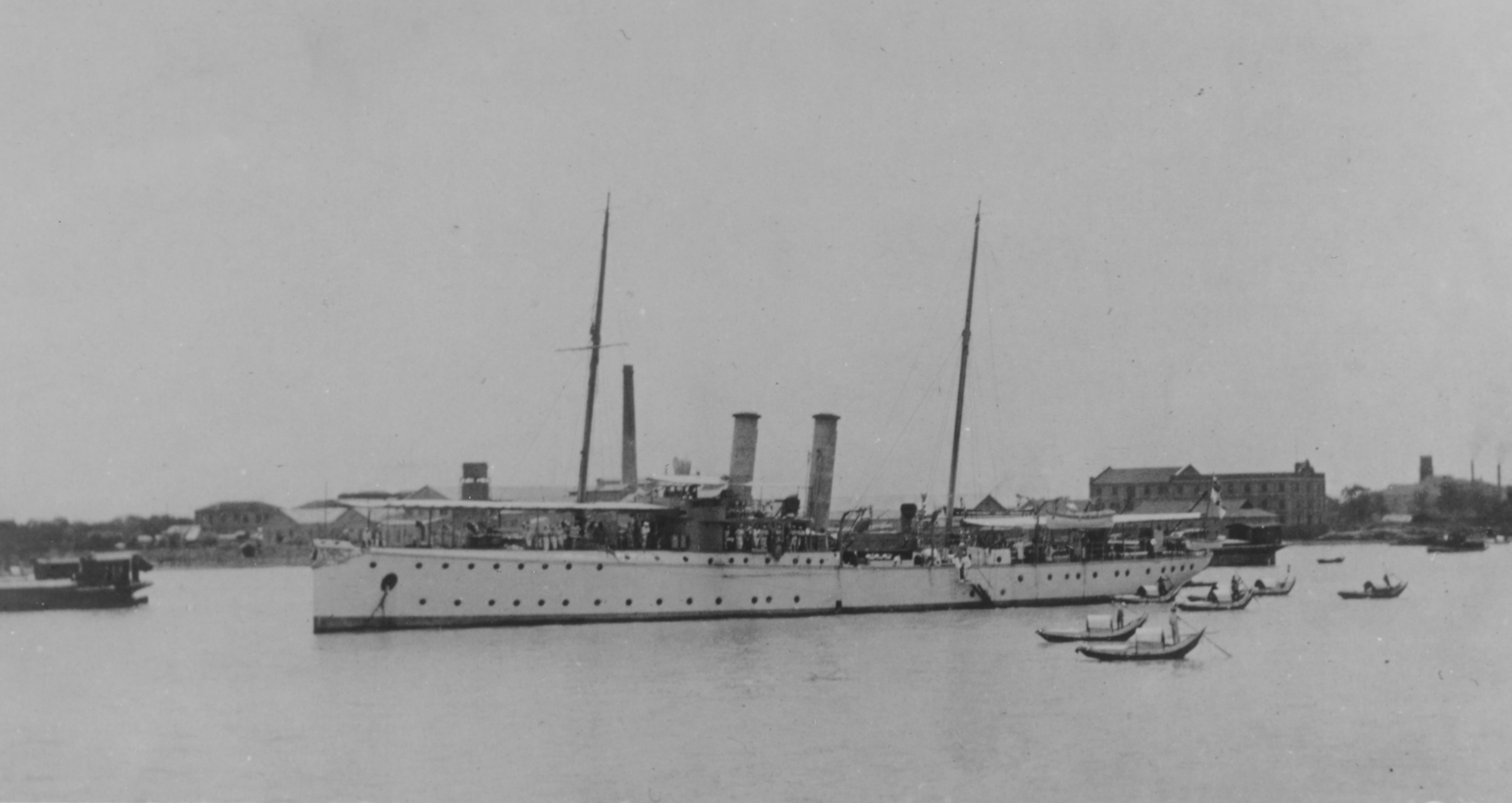 German gunboat SMS Luchs or SMS Tiger in a Chinese port, circa 1907-1909. Photographed from USS Cleveland