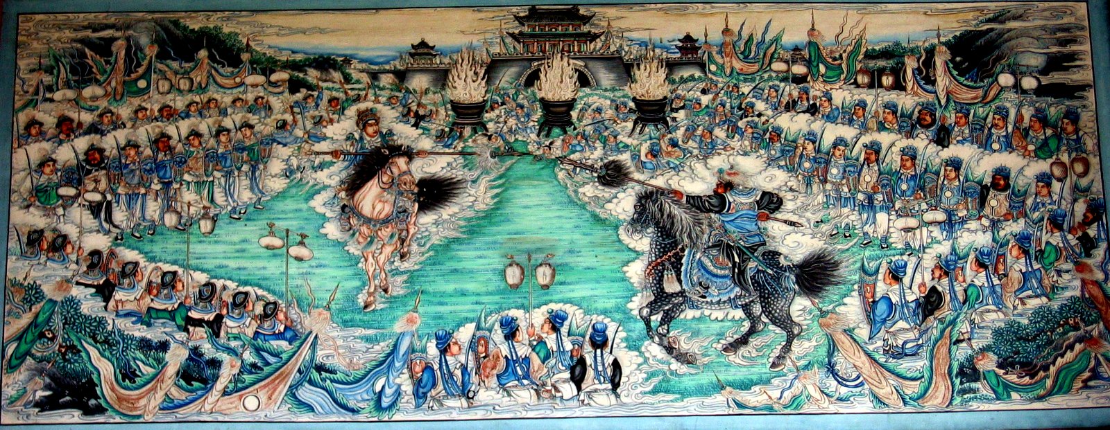 Photograph of the painting "Zhang Fei's Fight with Ma Chao"  inside the Long Corridor on the grounds of the Summer Palace in Beijing, China. Photograph taken on April 17, 2005 by Rolf Müller.