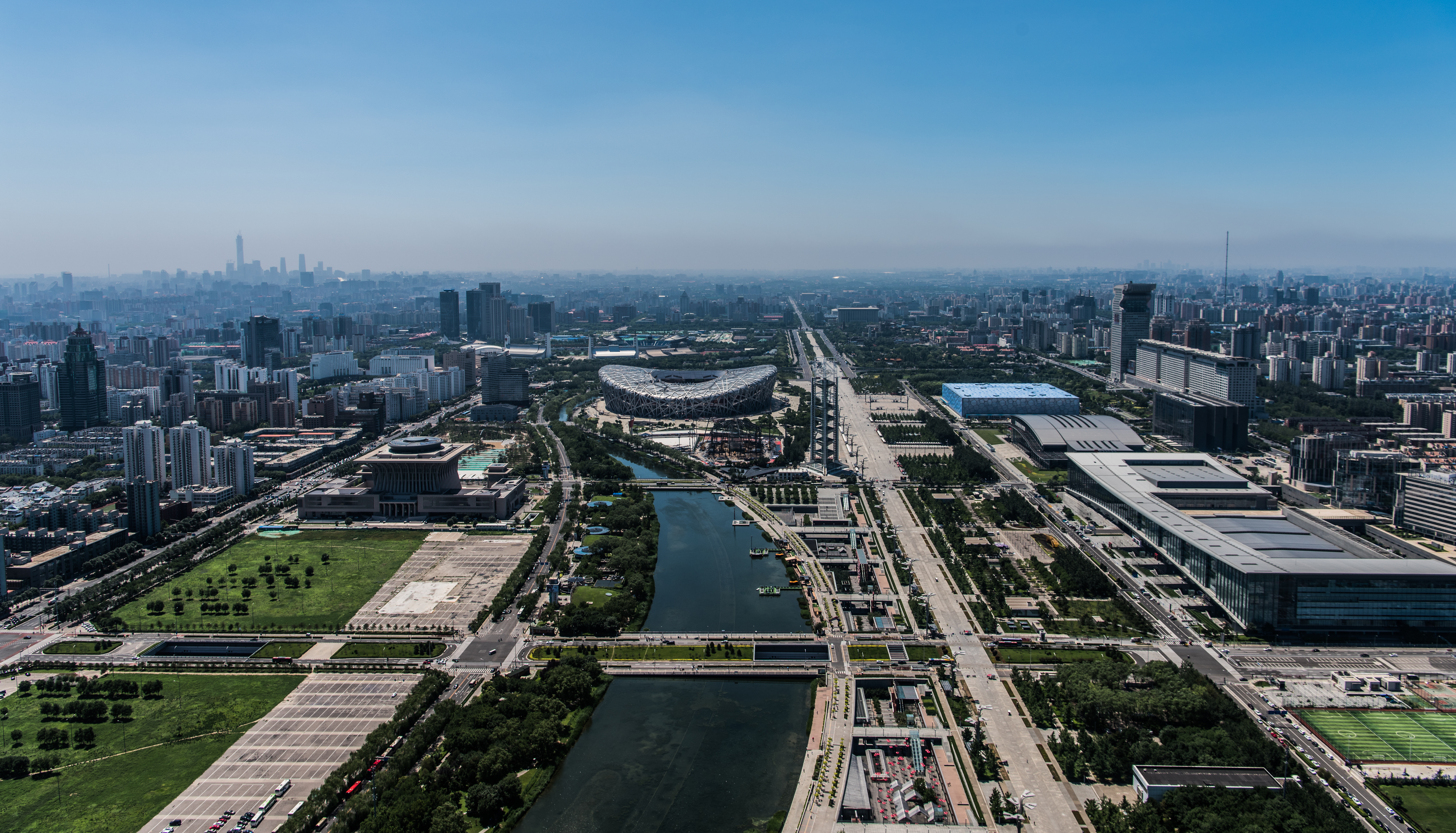 Beijing Olympic Green, featuring the National Stadium and National Aquatics Center.