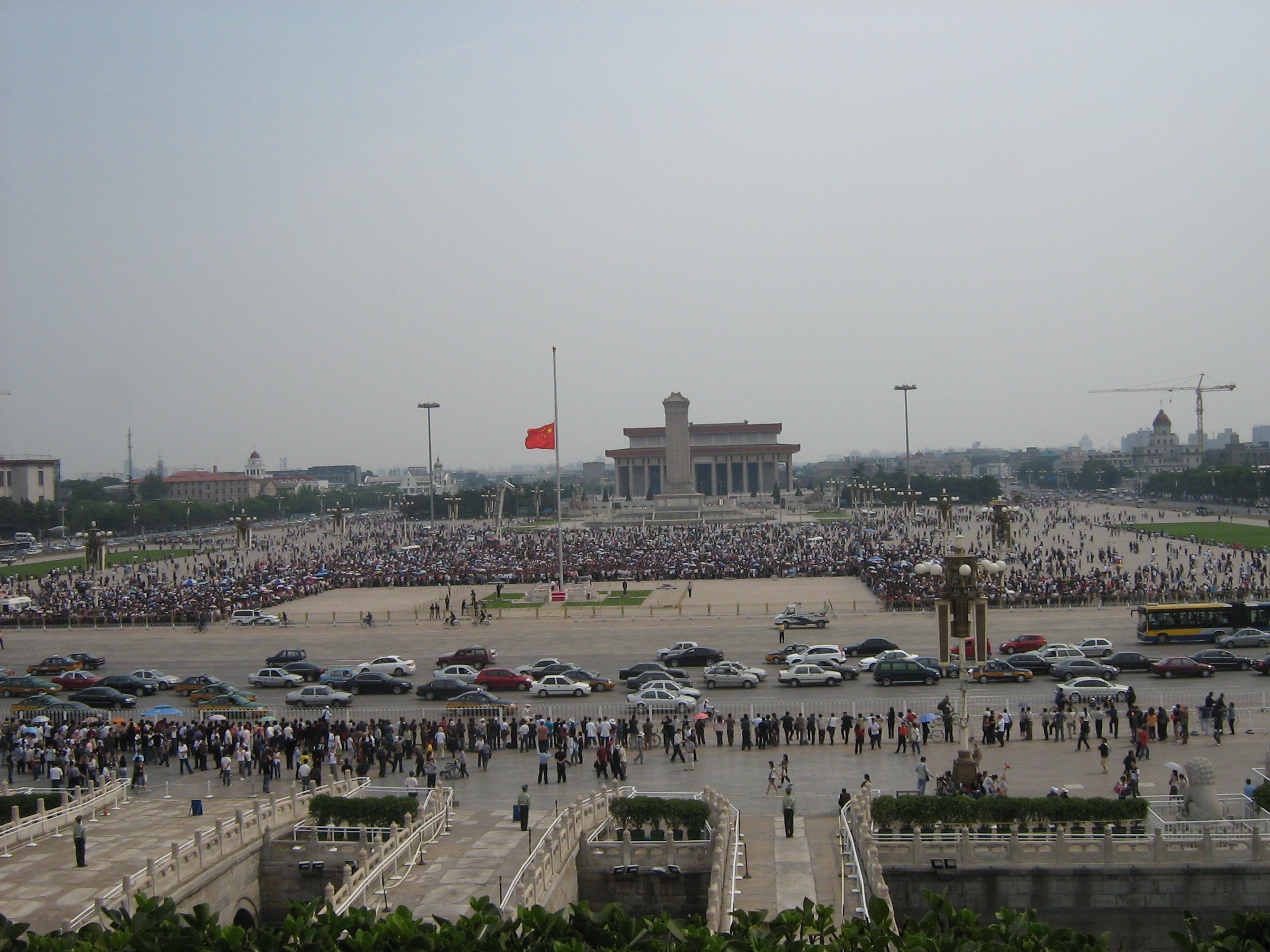 National mourning for 2008 Sichuan earthquake victims - Tiananmen Square, May 19, 2008, 2:10 PM, before moment of silence. taken from Tiananmen