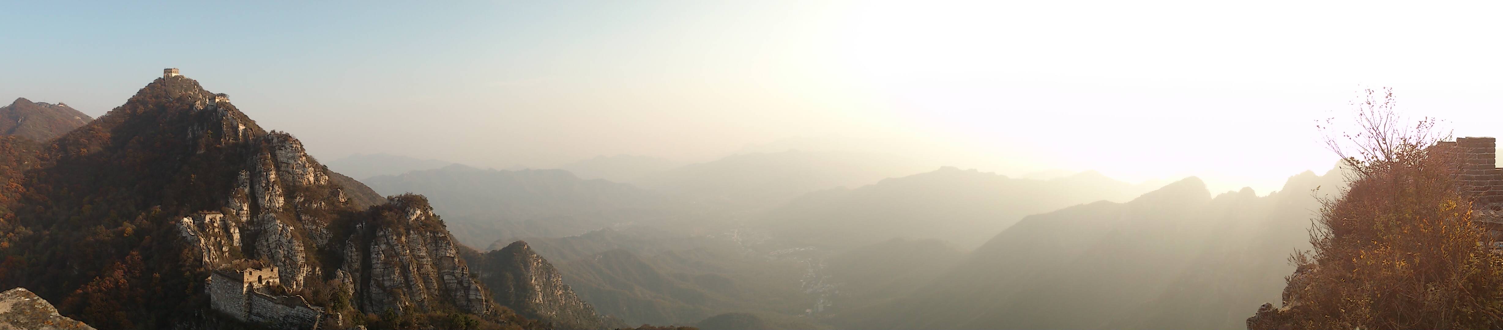 A panoramic view from a watchtower on the Jiankou section of the Great Wall of China