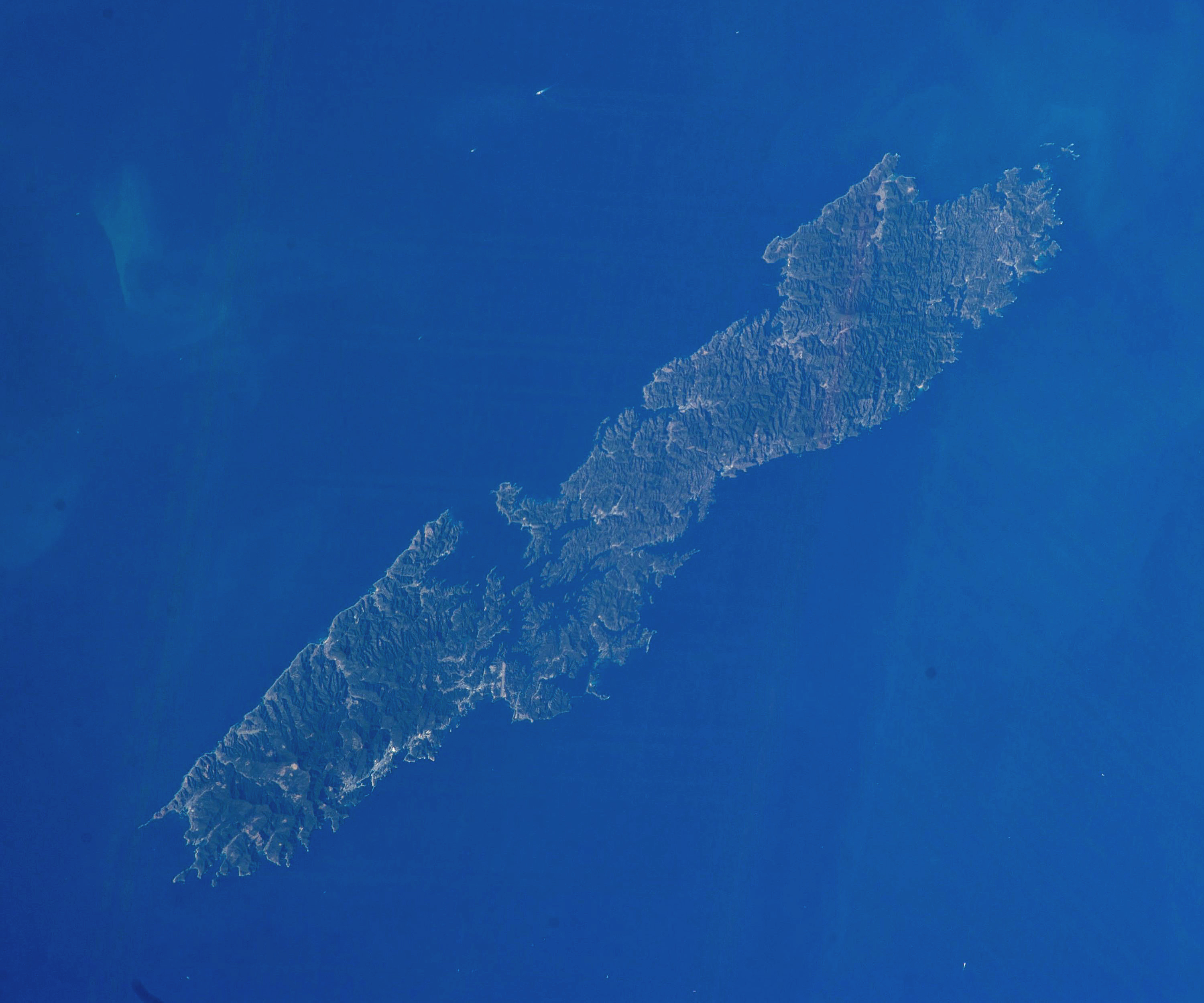 Tsushima Island, located in Nagasaki Prefecture, Japan. Satellite photo by NASA.