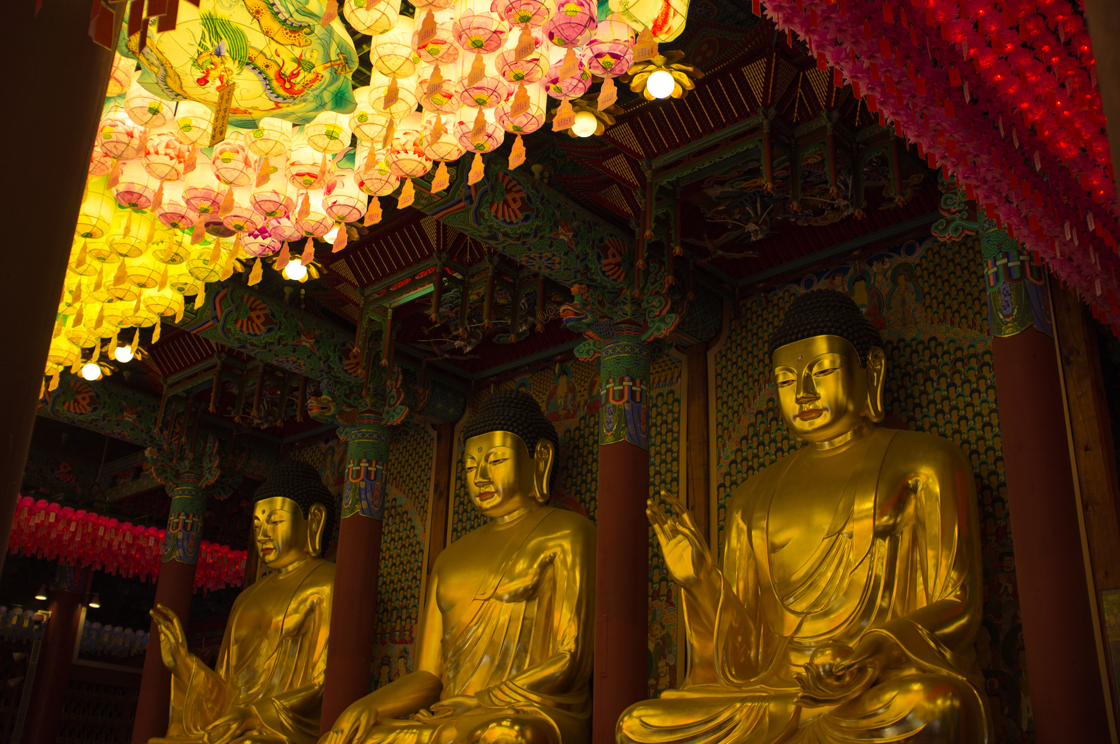 The three buddha statues in Jogyesa Temple in Seoul.