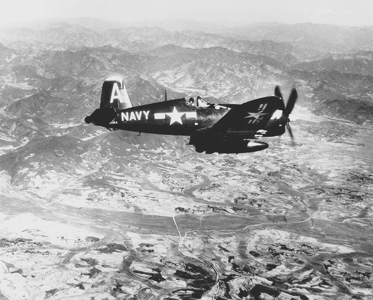 A U.S. Navy Vought F4U-4 Corsair (BuNo 82084) about to make a rocket attack on a North Korean railway bridge, September 1951. The aircraft was most probably assigned to Fighter Squadrons 791 (VF-791) "Fighting Falcons" and was assigned to Carrier Air Group 101 (CVG-101) aboard the aircraft carrier USS Boxer (CV-21) for a deployment to the Western Pacific and Korea from 2 March to 24 October 1951.
