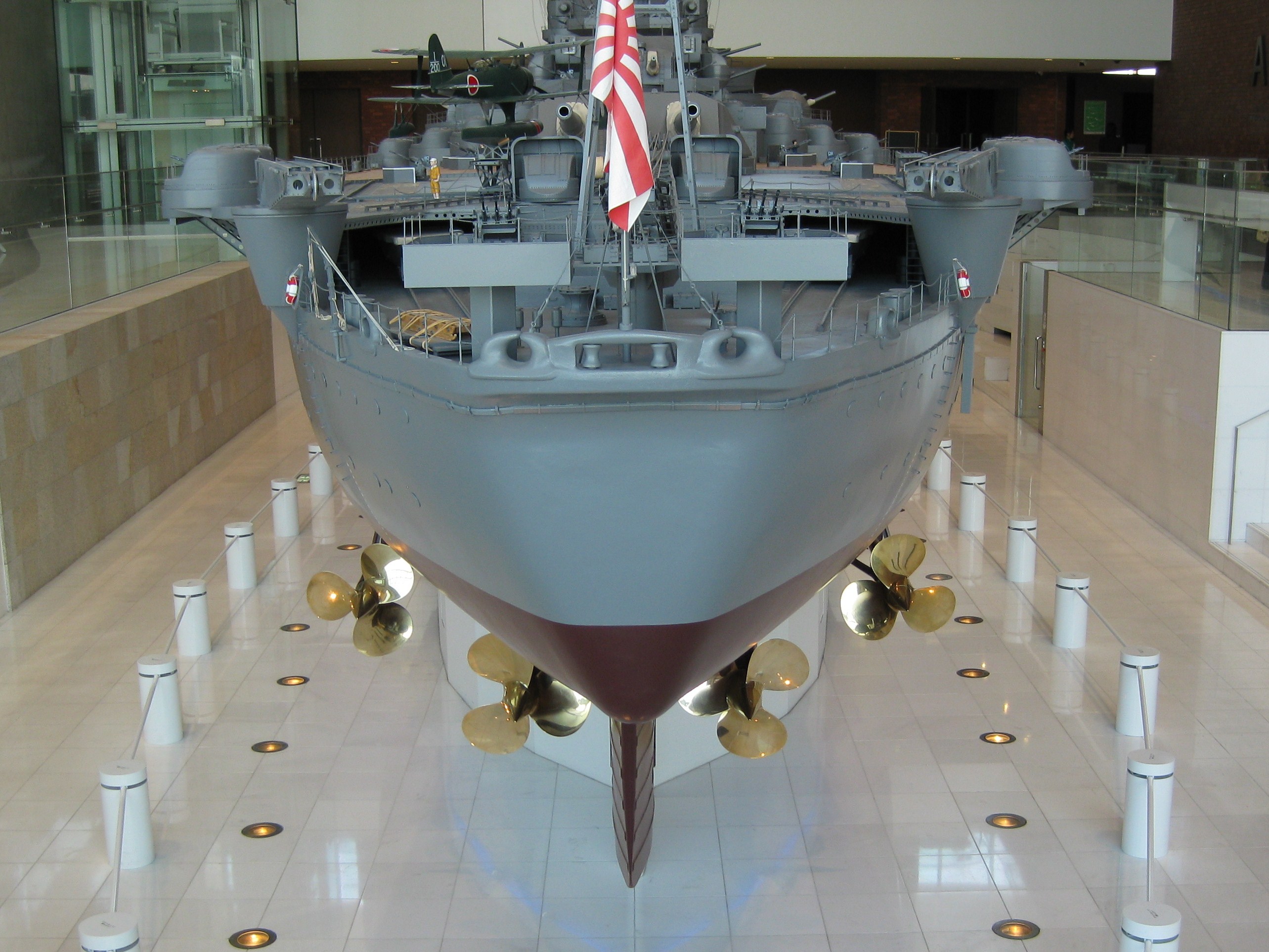 The stern of the 1:10 scale model of the Japanese battleship Yamato on display at the Yamato Museum in Kure, Japan
