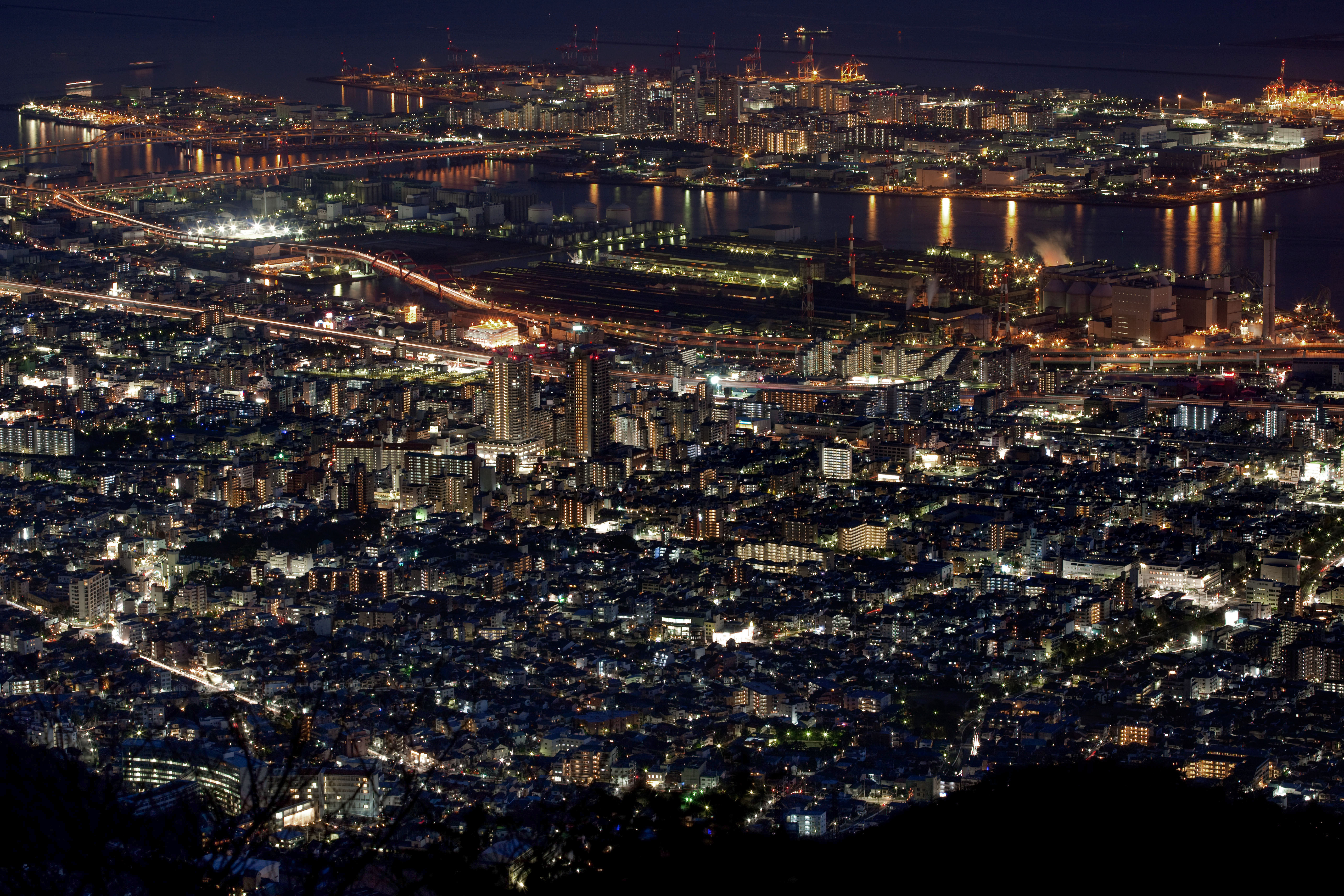 Night view of Rokkō Island and Higashinada-ku, Kobe, Japan from Mount Maya.